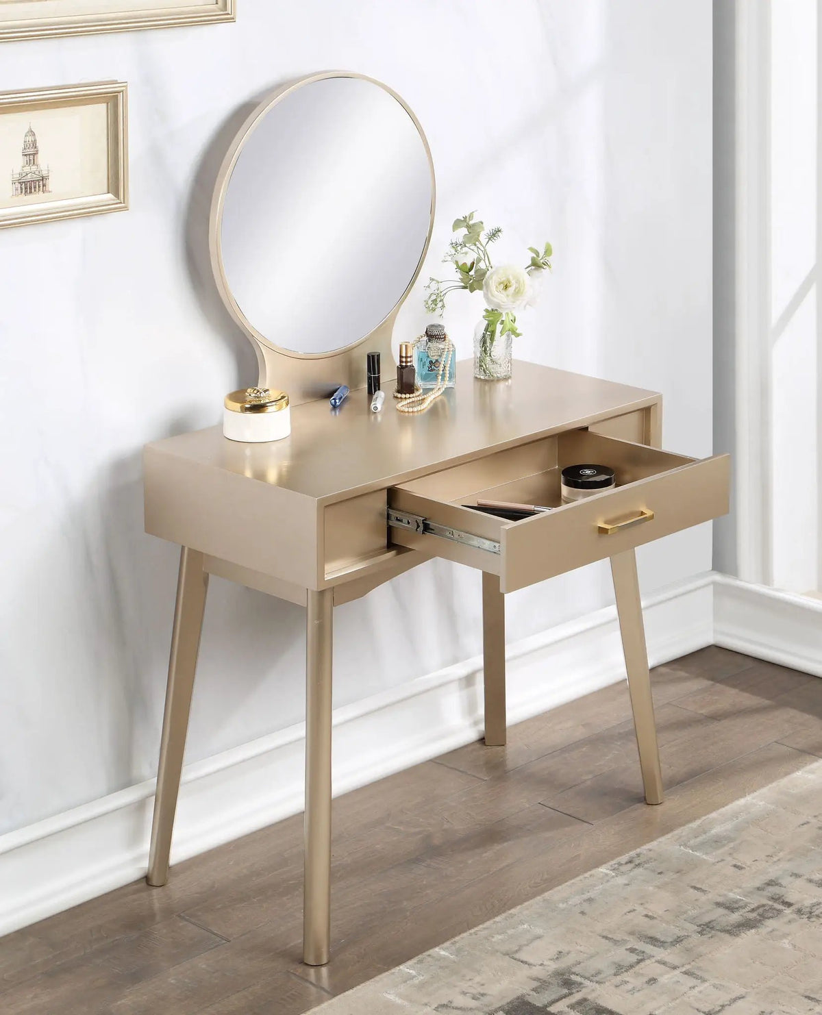 Maly Vanity And Stool Set | Contemporary Wood | Gold Finish | Solid Rubberwood Frame