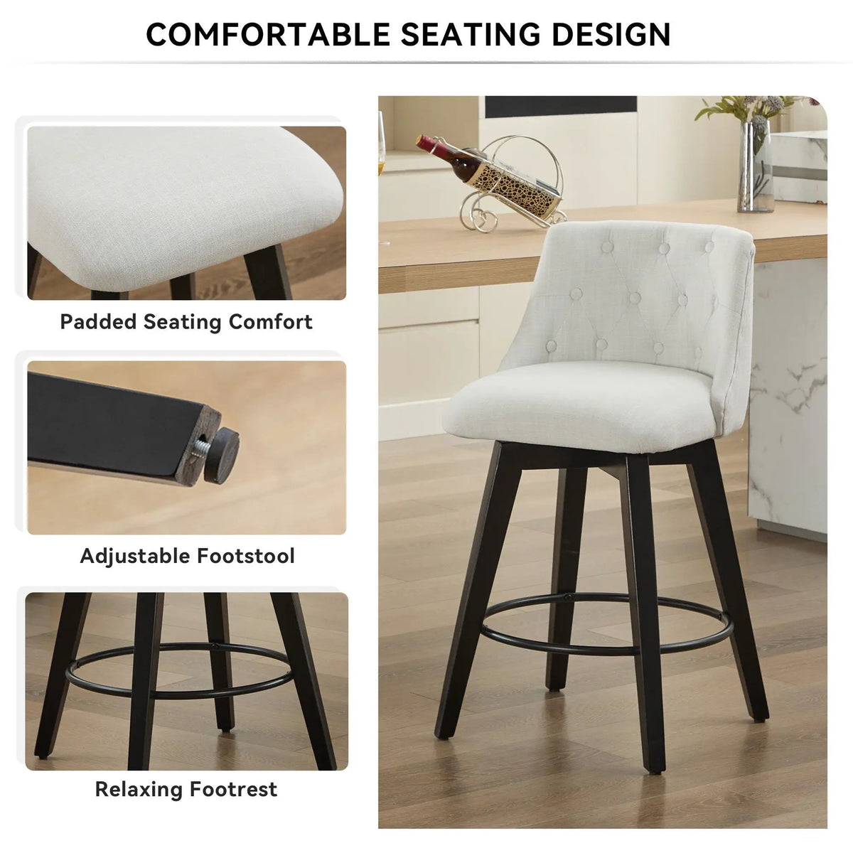Swivel Bar Stools | Set Of 2 | Button Tufted Back | 360 Degree Silent Swivel
