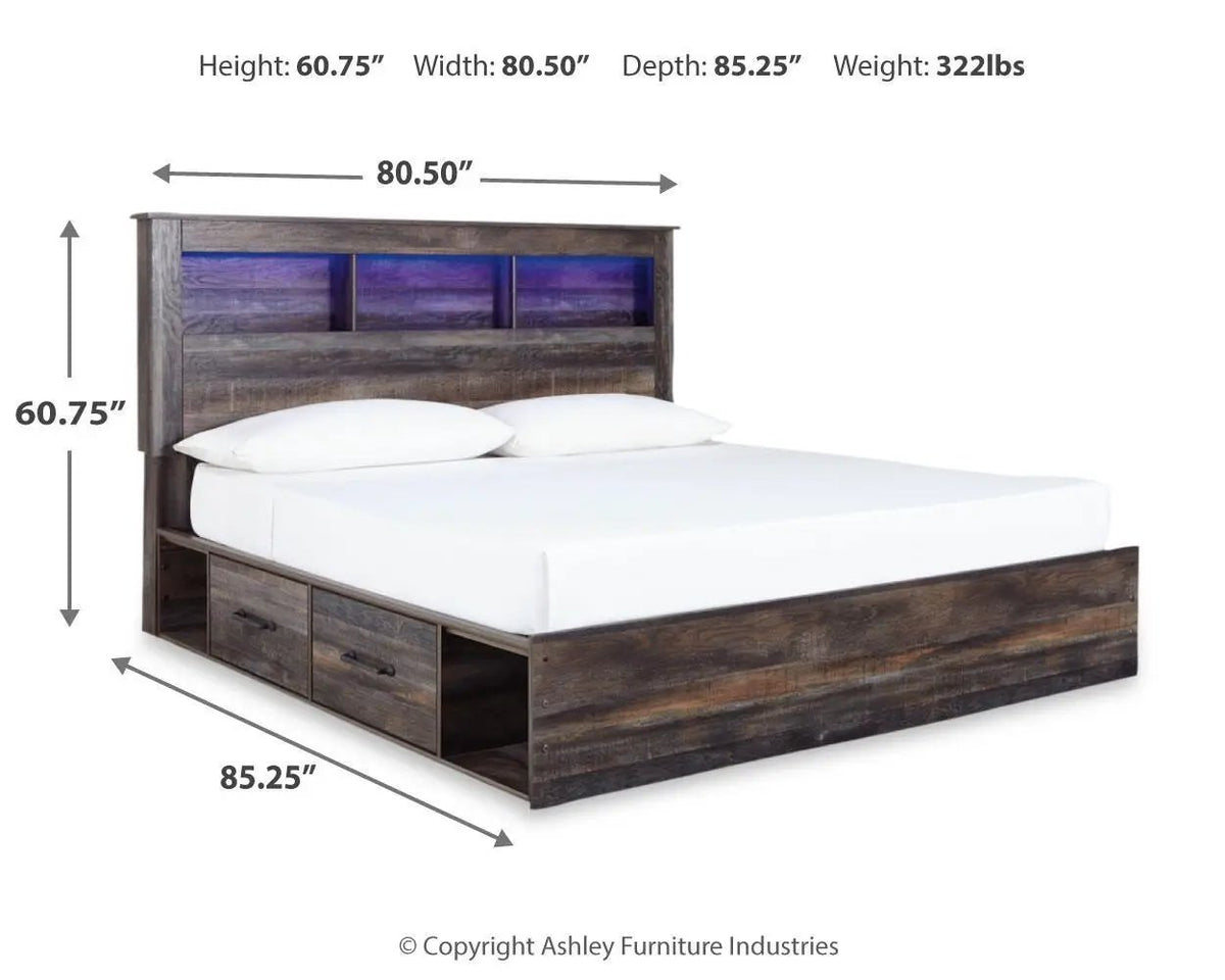 Drystan Panel Bookcase Bed | Storage Headboard | Rustic Industrial Style | 85 Inch Length
