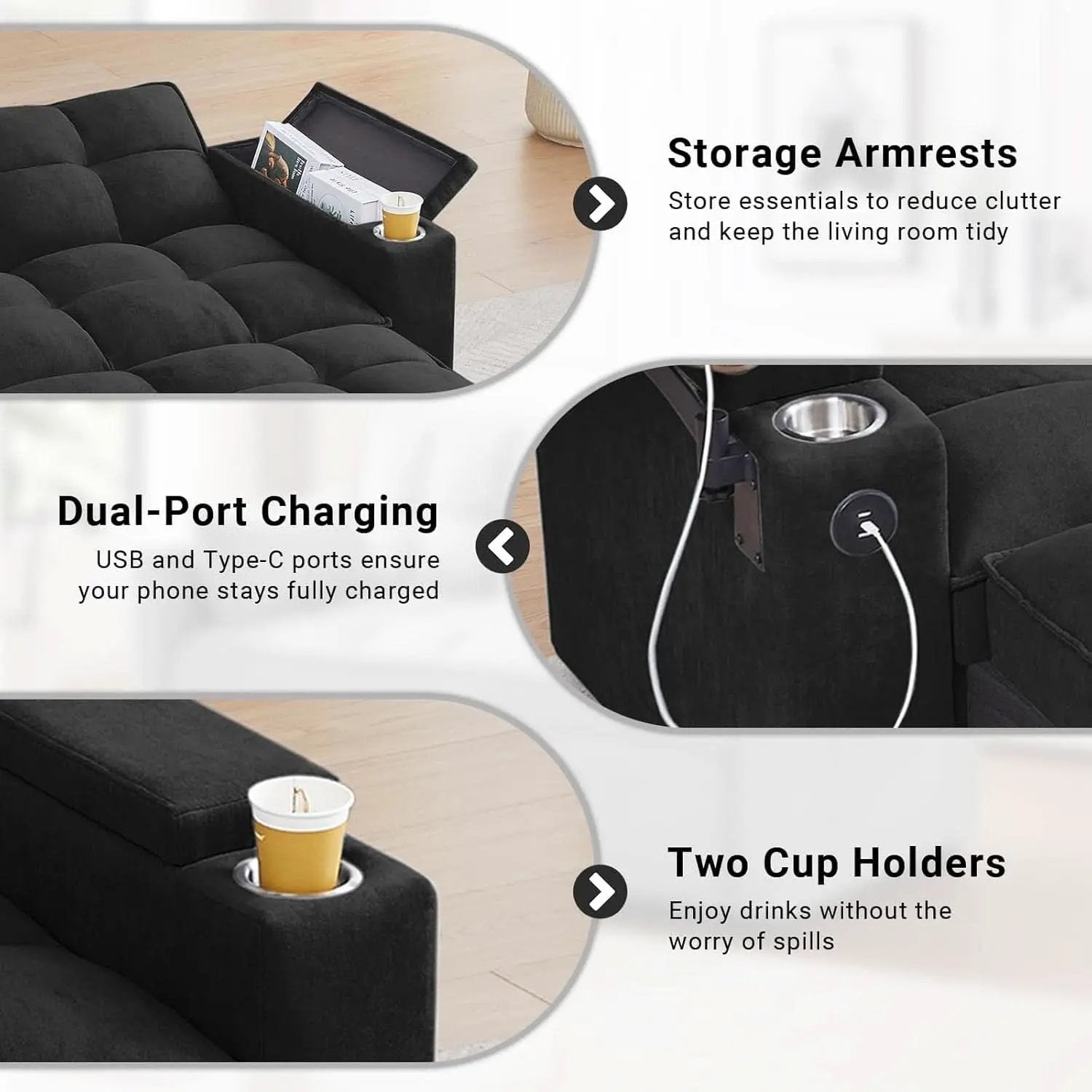 65Inches Transformable Sleeper Sofa Bed Black USBPort from PriceLows™