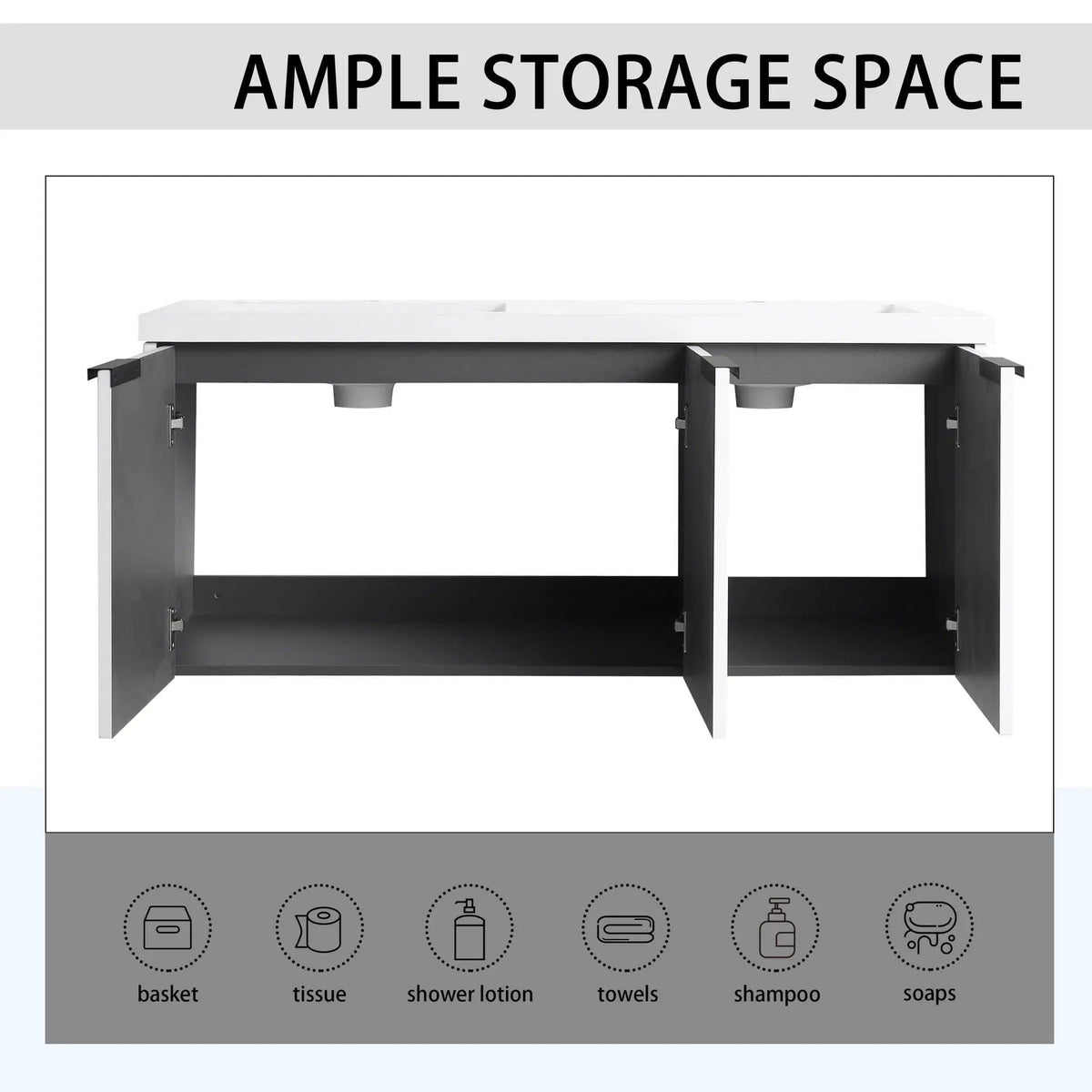 Contemporary Wall Mounted Bathroom Vanity With Resin Double Sink | 6 Pieces | Metal & Plywood | Bathroom