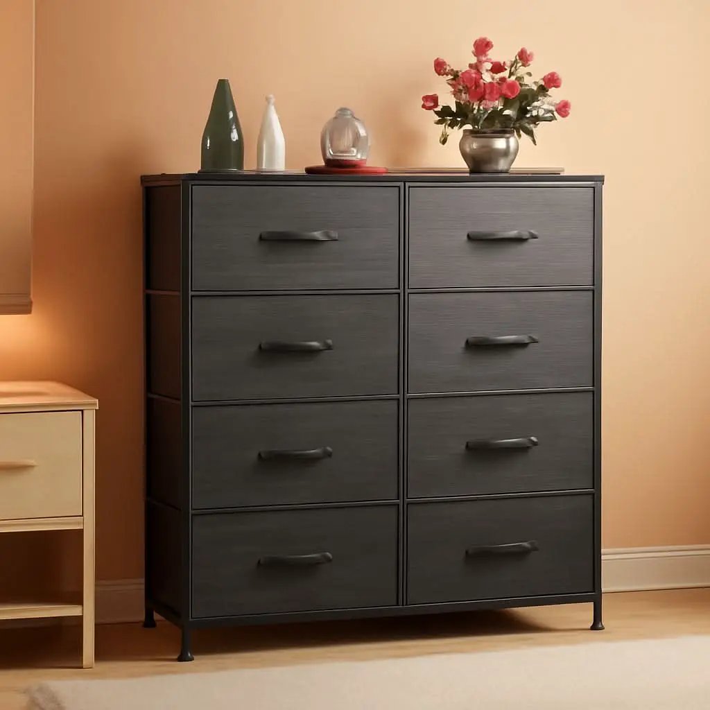 Tall Fabric Dresser With 8 Drawers In Charcoal Black Wood Grain from PriceLows™