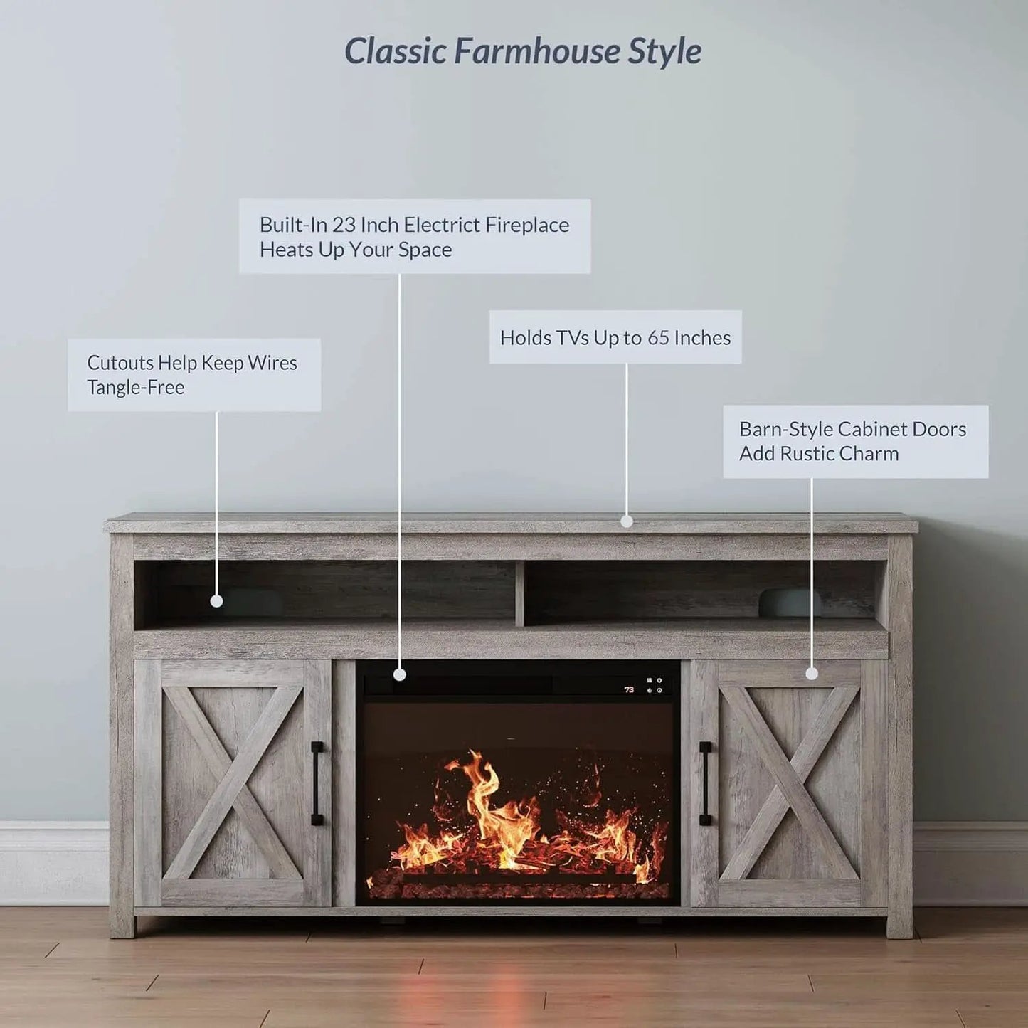 Barn Door Electric Fireplace TV Stand For 65 Inch TVs Gray from PriceLows™