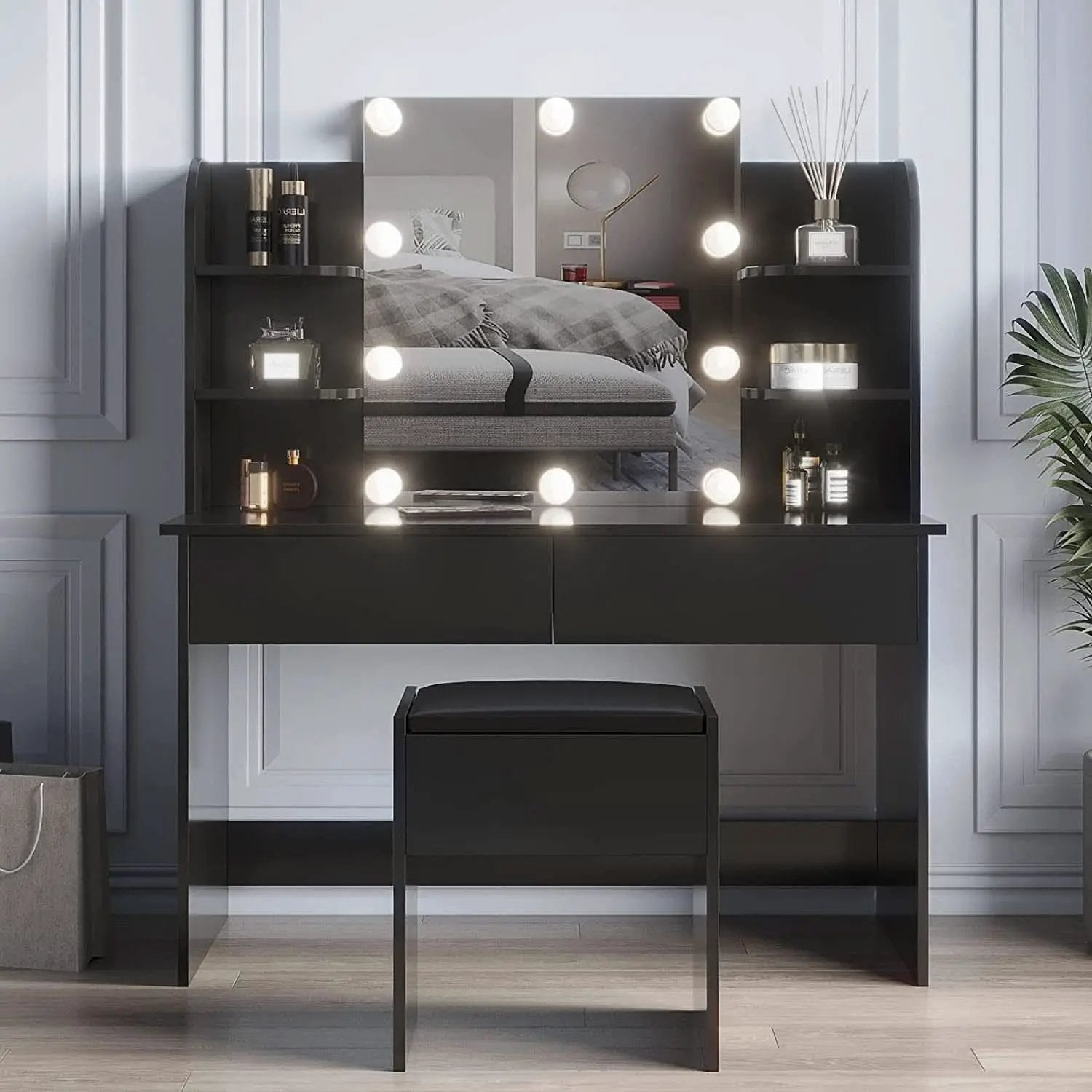 Black Vanity Set With 10 Lights For Bedroom Storage from PriceLows™