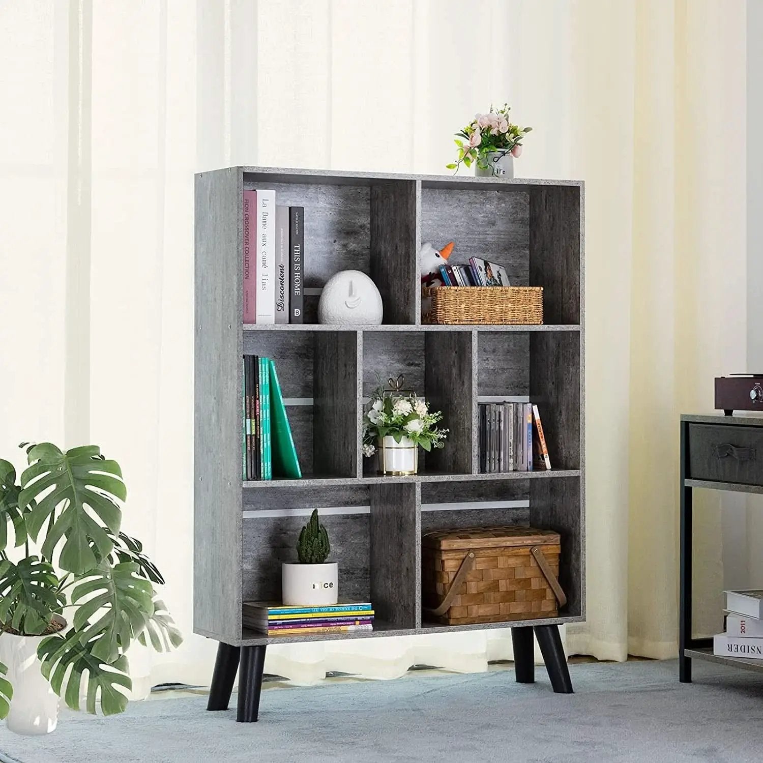 Three Tier Grey Bookshelf For Small Spaces With Crisscross from PriceLows™