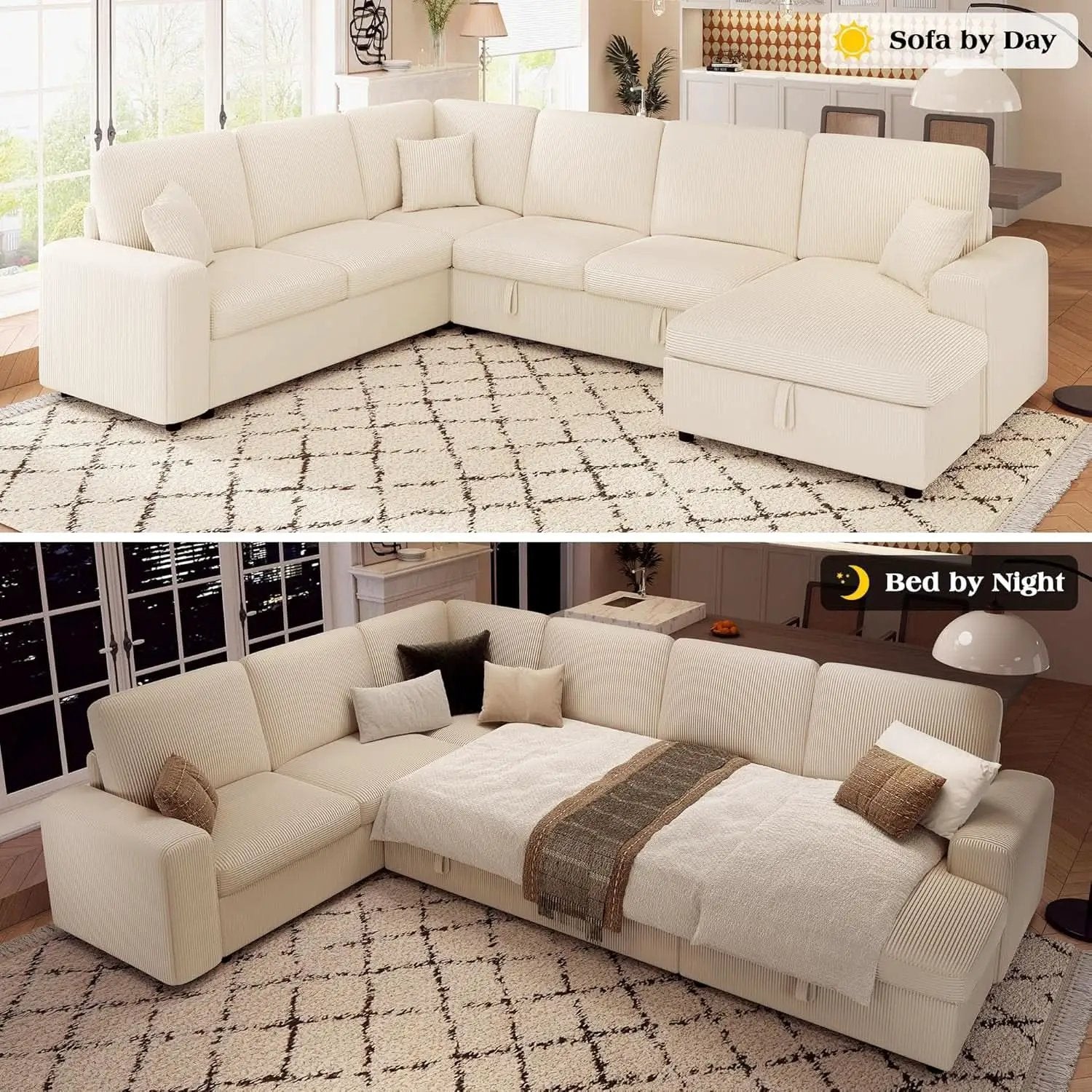 130 Inch Beige Corduroy Sectional Sofa Bed Storage Compartment from PriceLows™