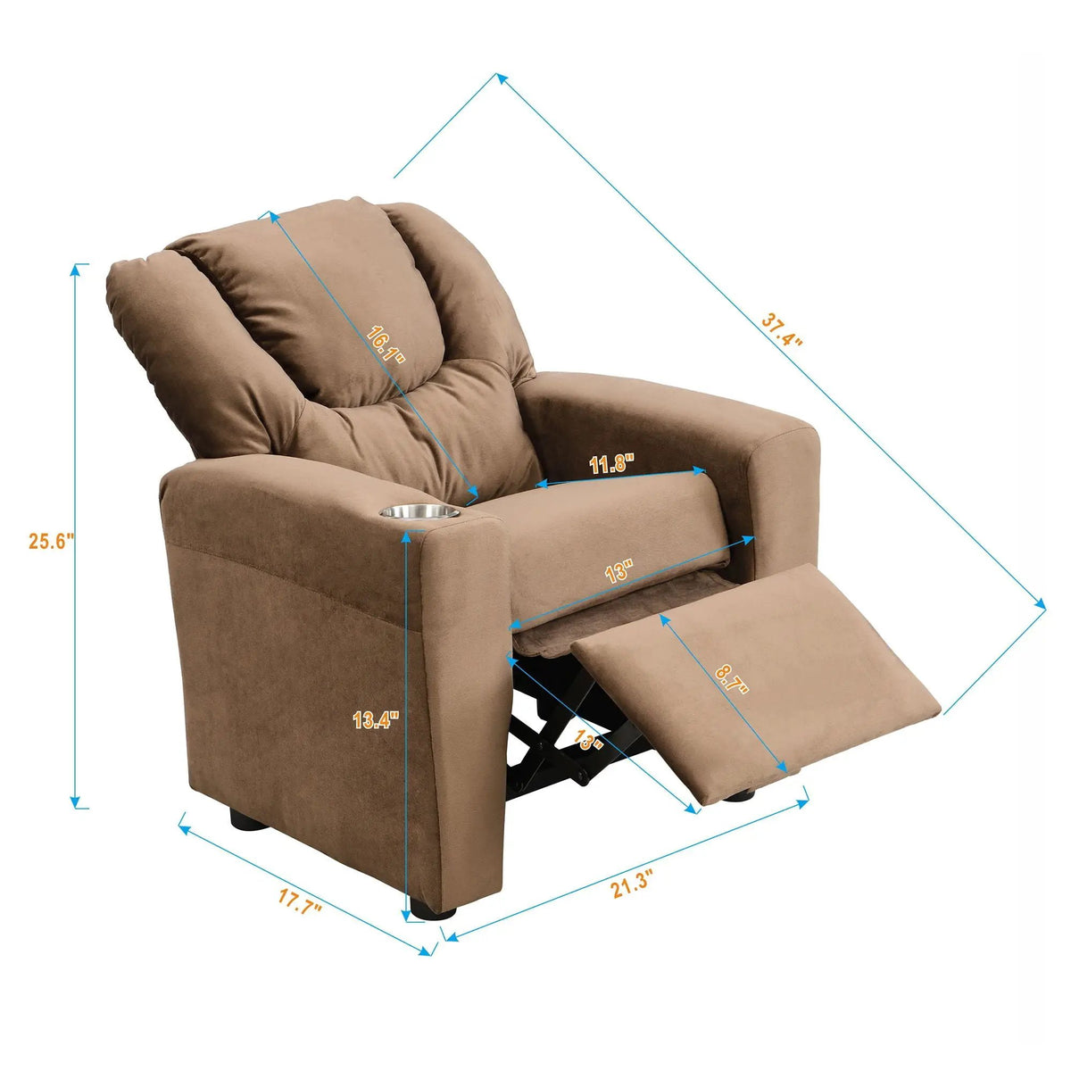 Kids Recliner Chair | Upholstered | Two Cup Holders | Black