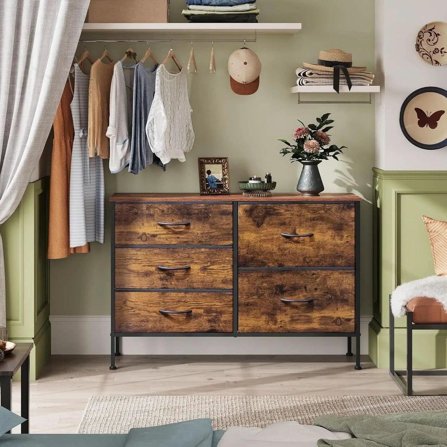 Rustic Brown Wood Grain 5 Drawer Dresser For Bedroom from PriceLows™