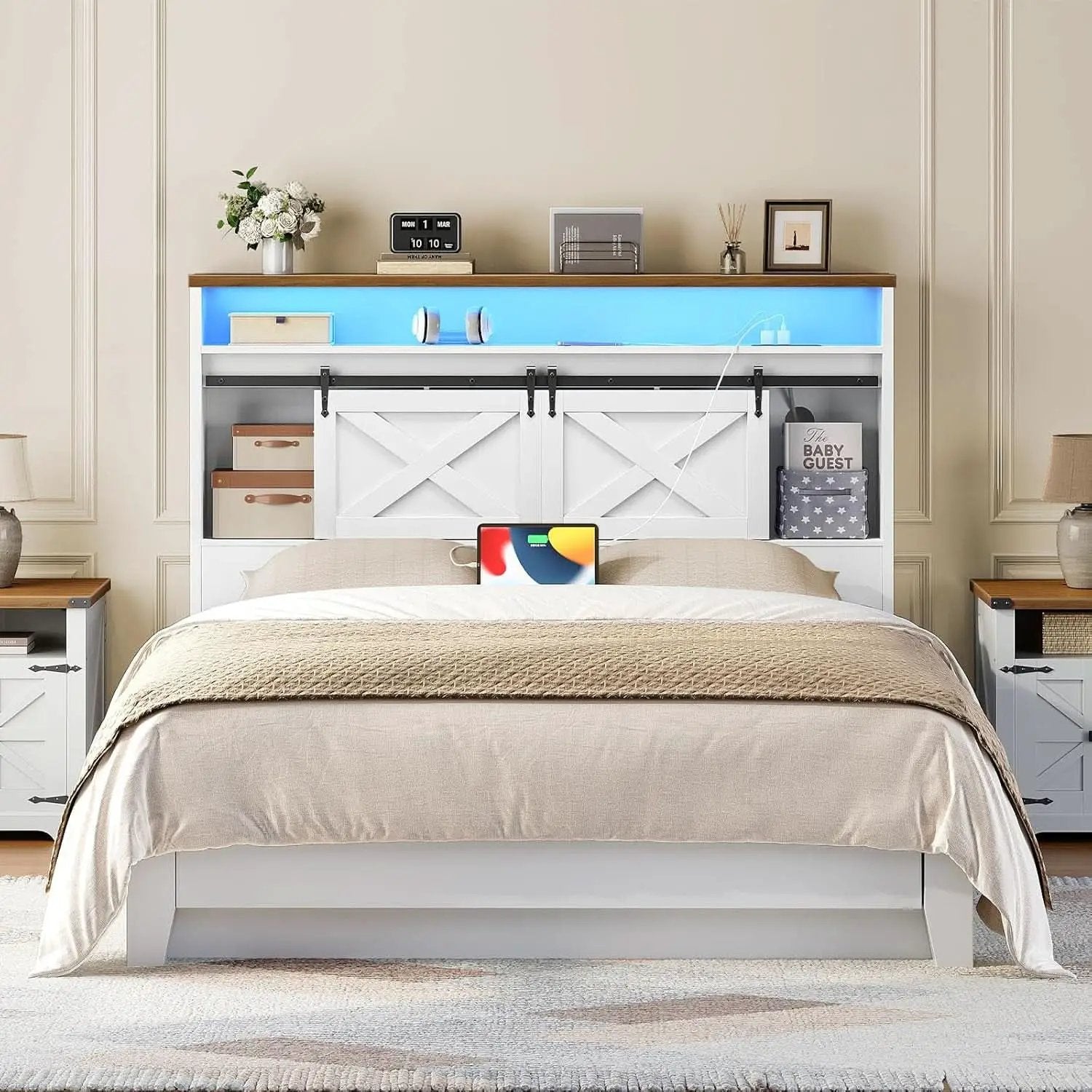 Farmhouse Queen Headboard with Storage and Charging Station from PriceLows™