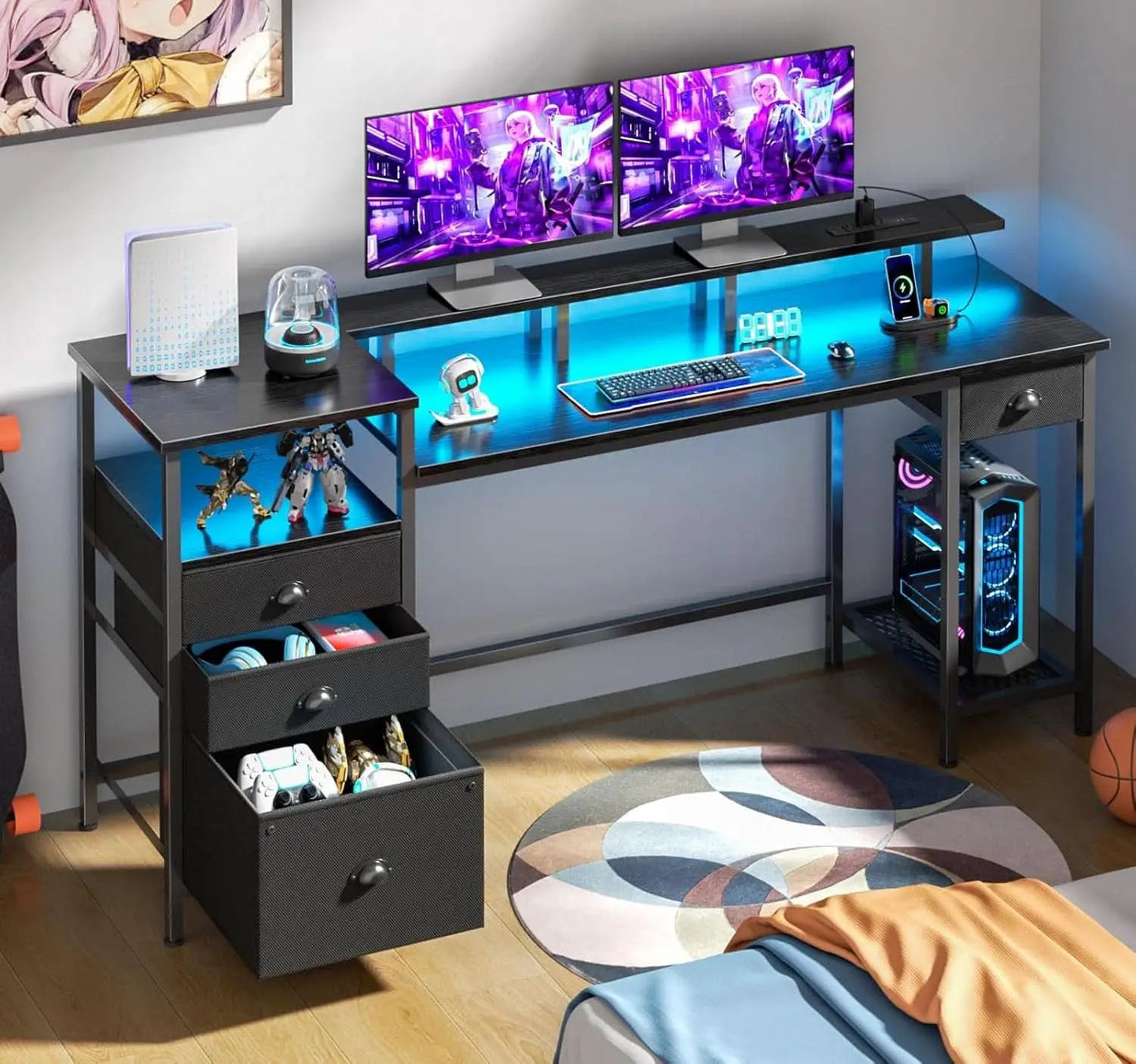 Black 60 Inch Computer Desk With 4 Drawers And Led Lights from PriceLows™