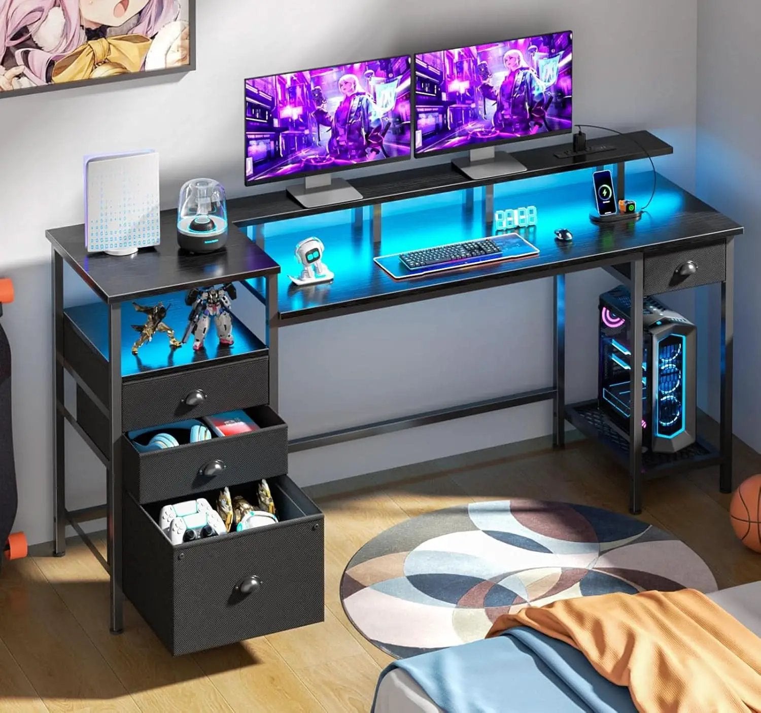 Black 60 Inch Computer Desk With 4 Drawers And Led Lights from PriceLows™