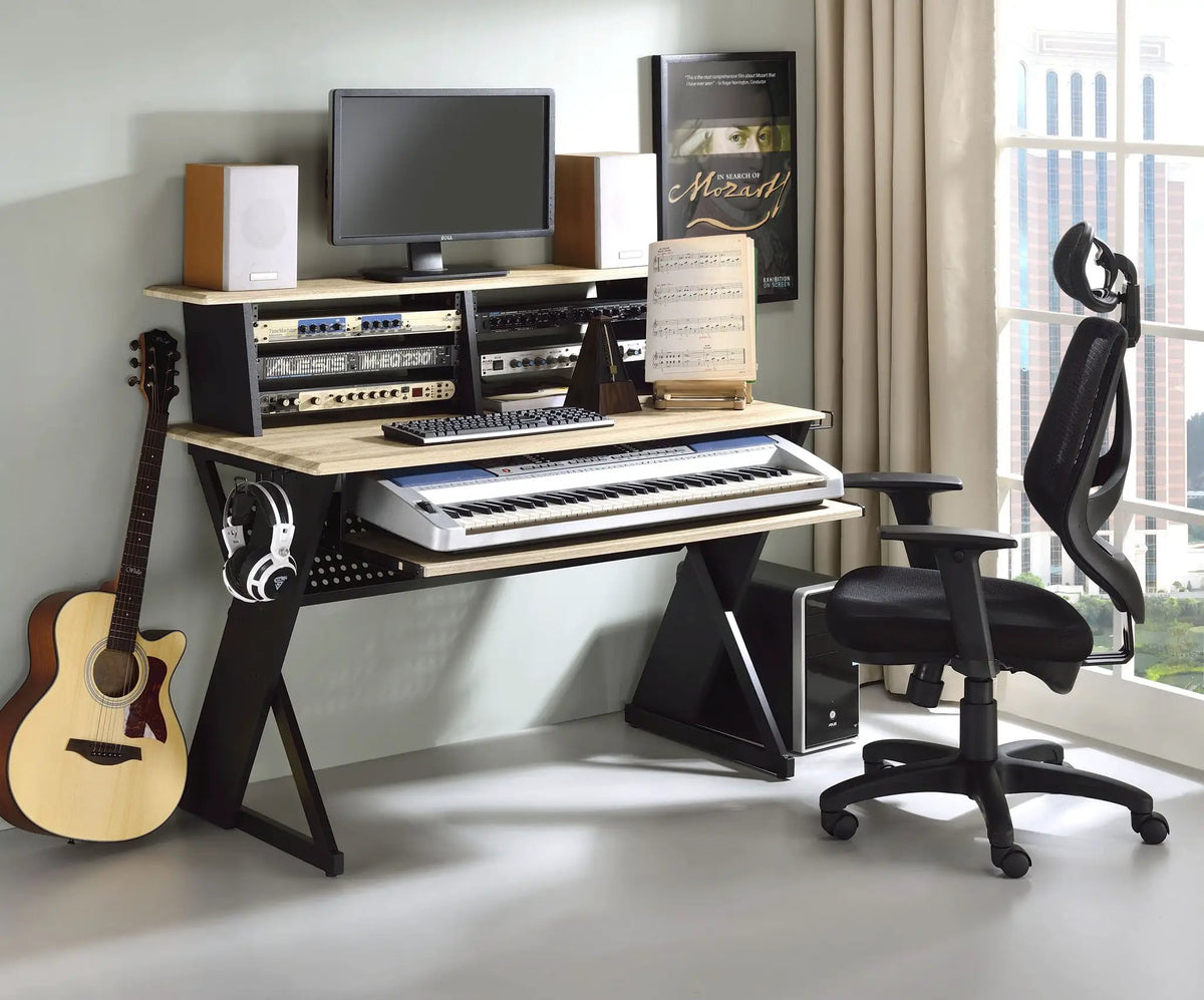 Eleazar Music Recording Studio Desk | Natural Oak And Black Finish | Keyboard Layout | 47 Inch Width