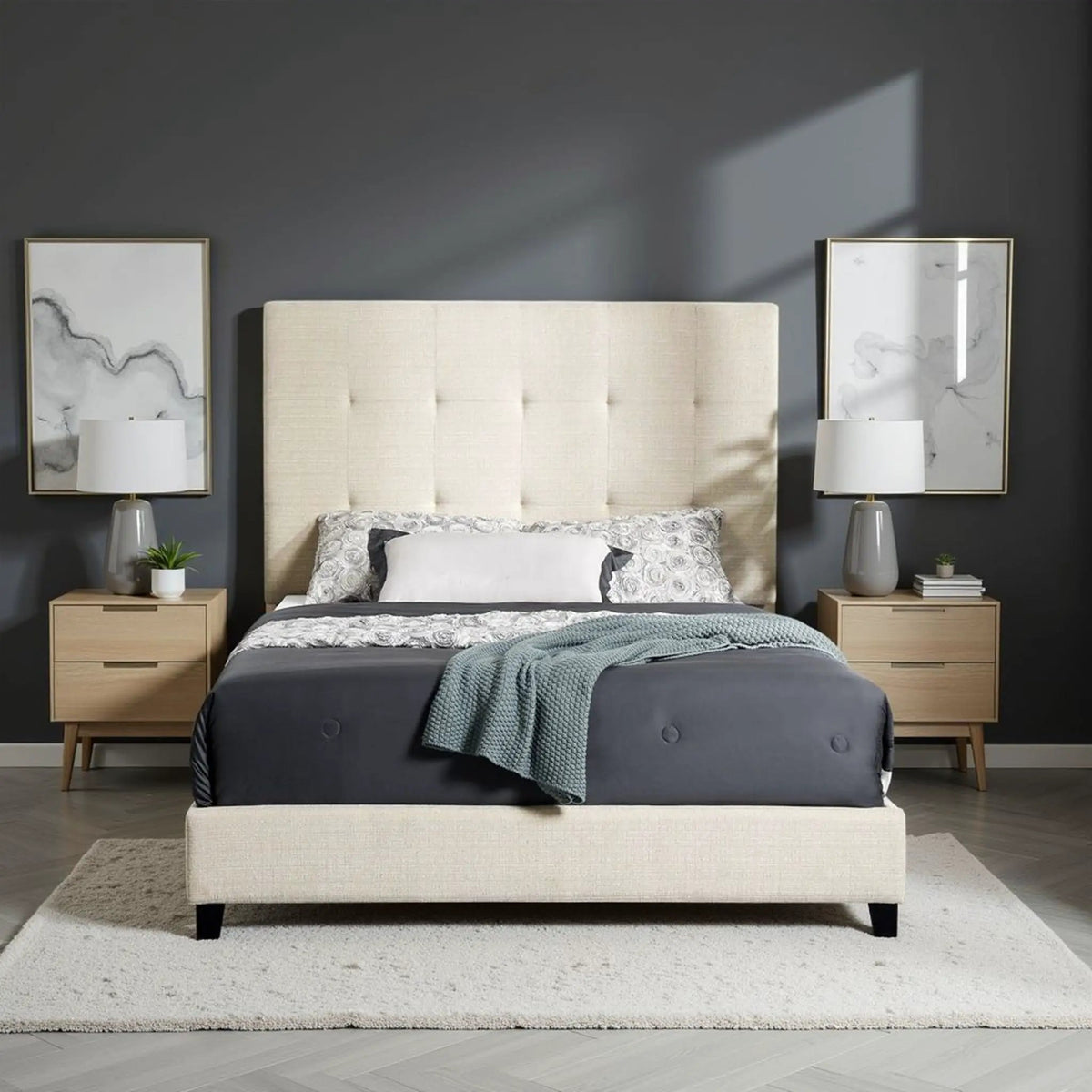 Tufted Upholstered Headboard Platform Bed | Laminated Veneer Lumber | CertiPUR-US Foam | 60 Inch Height