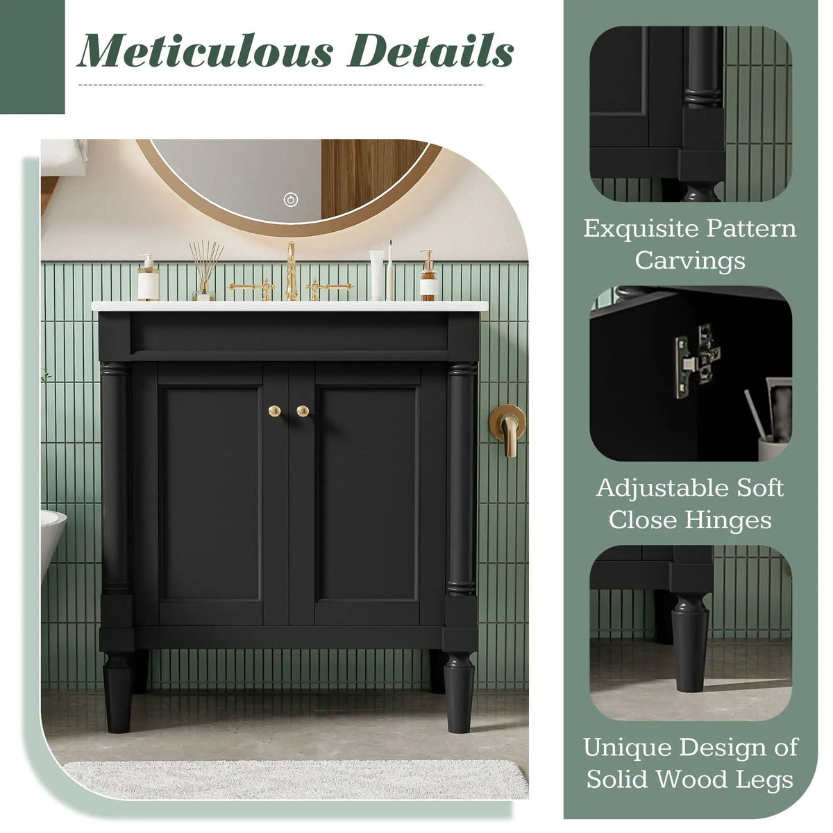 30 Inch Bathroom Vanity With Sink | Soft Close Doors | Carved French Detailing | Adjustable Shelf