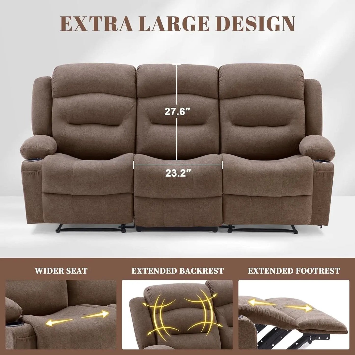 Brown Fabric Recliner Sofa With Heated Massage USB Port from PriceLows™