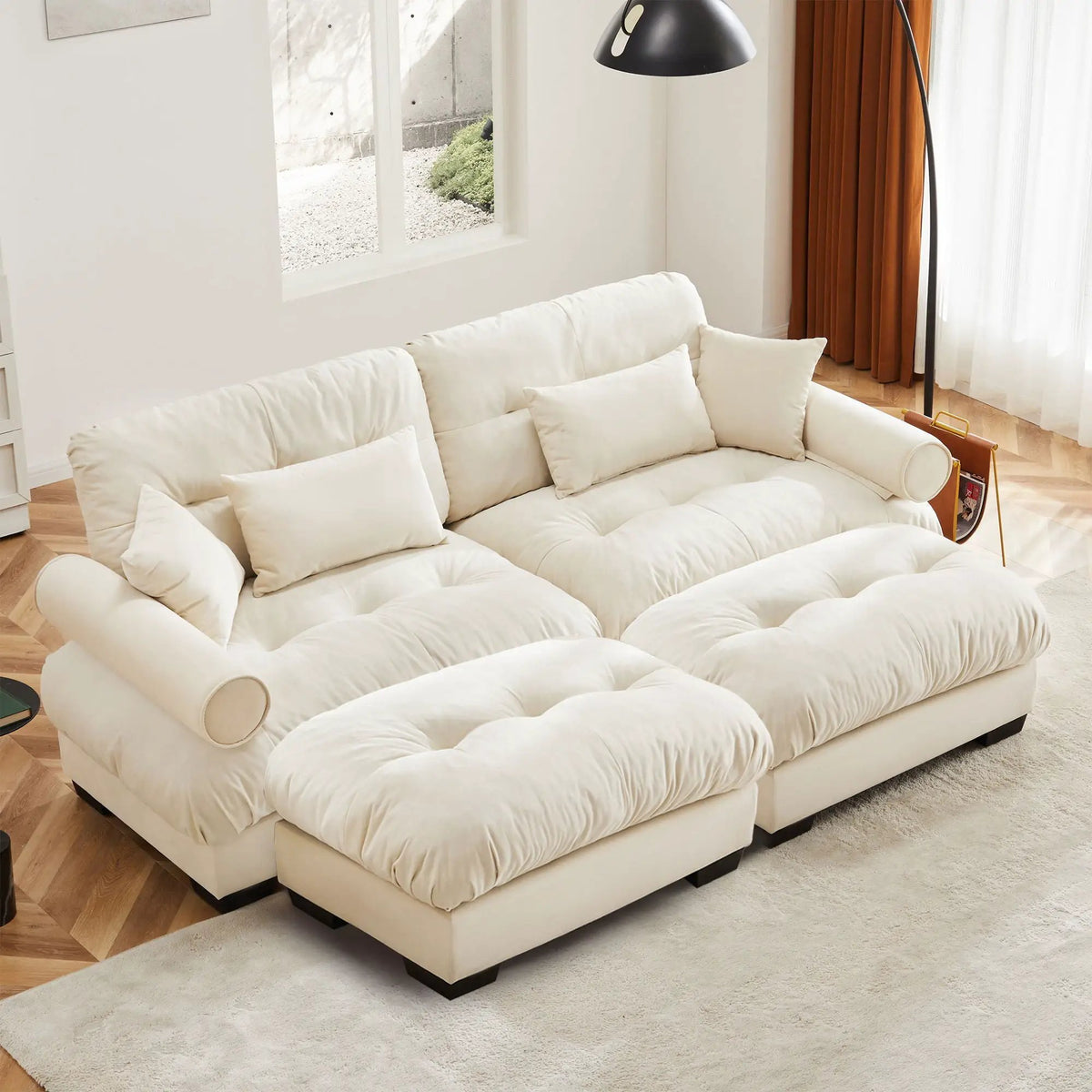 Modular Sectional Sofa | Deep Comfort Cushions | Vintage Fabric Ottoman