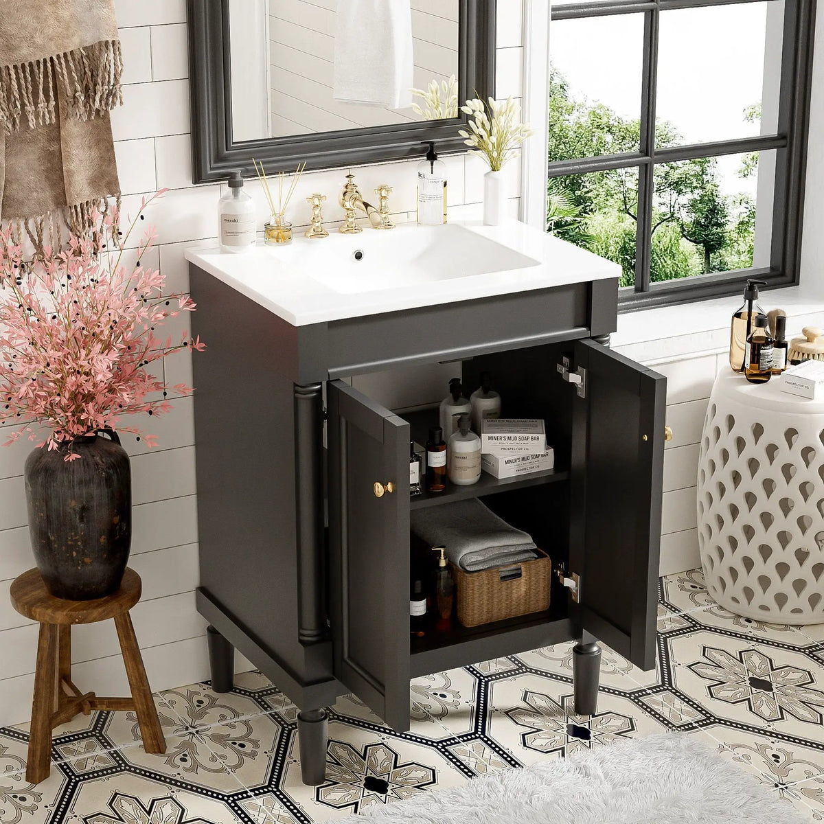 24 Inch Bathroom Vanity With Top Sink | 2 Tier Storage Cabinet | Retro Metal Handles | Soft-Closing Hinges