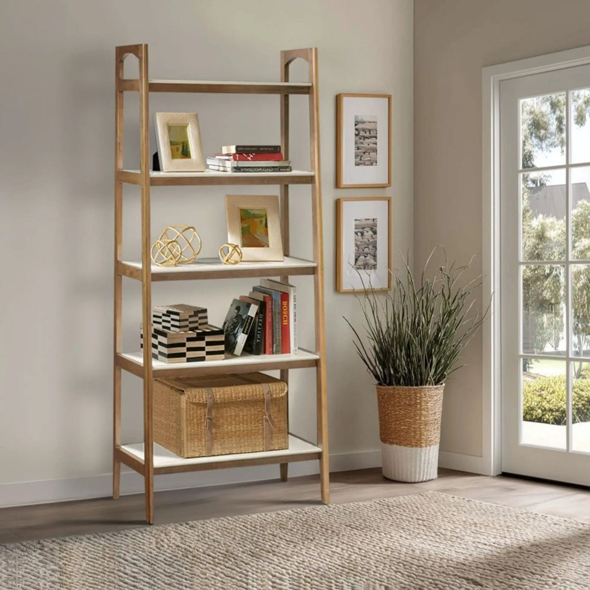 Parker Ladder Bookcase | 5 Shelves | Off White And Natural | Mid-Century Design