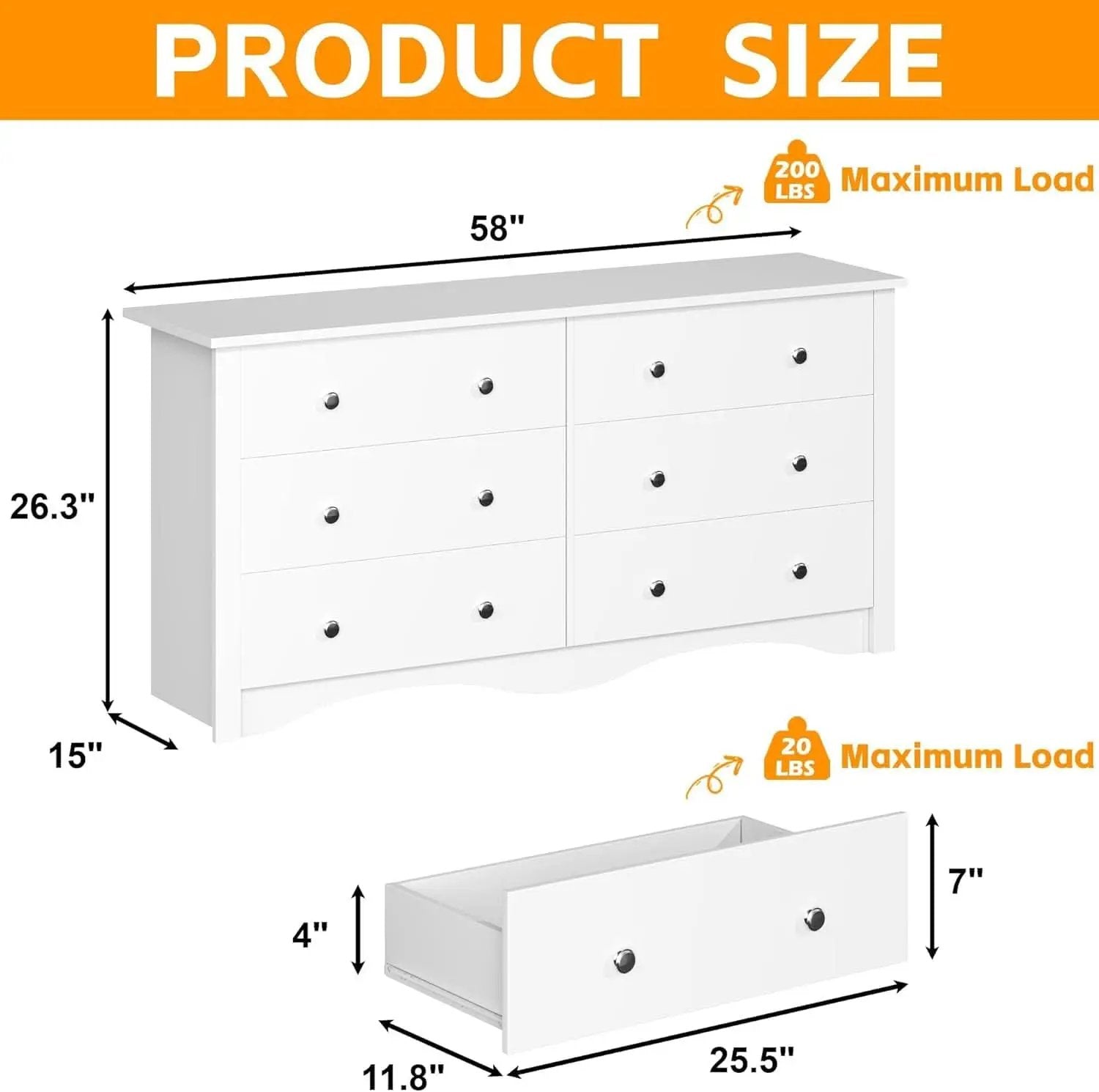 6 Drawer Dresser and TV Stand in White for 65 Inch TV from PriceLows™