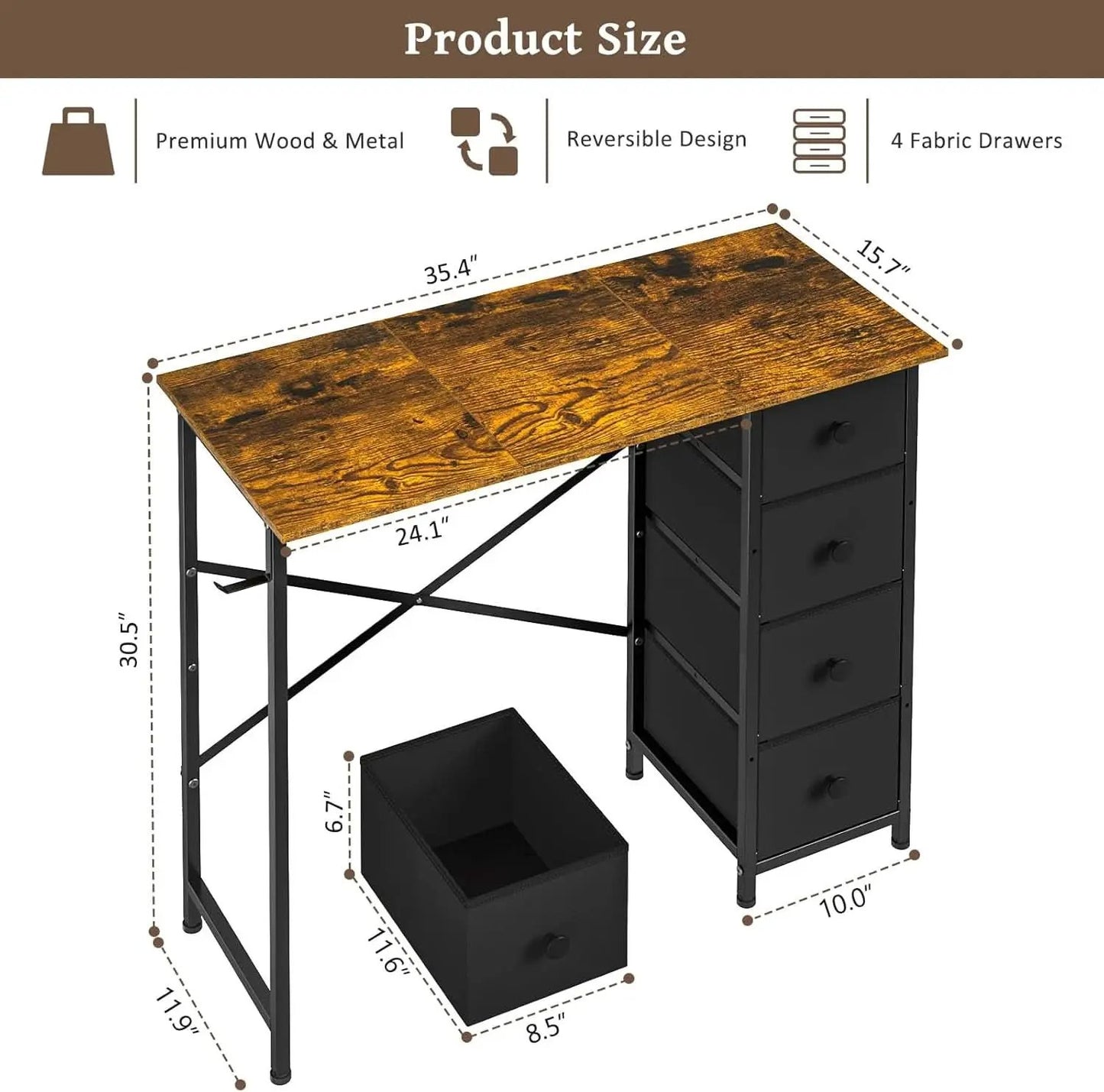 Rustic Brown Home Office Computer Desk With Fabric Drawers from PriceLows™