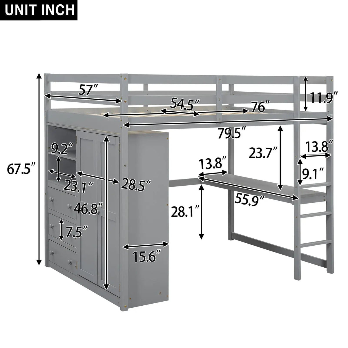 Loft Bed With Wardrobe | Built-In Desk | Two-Tier Shelves | Three Large Drawers