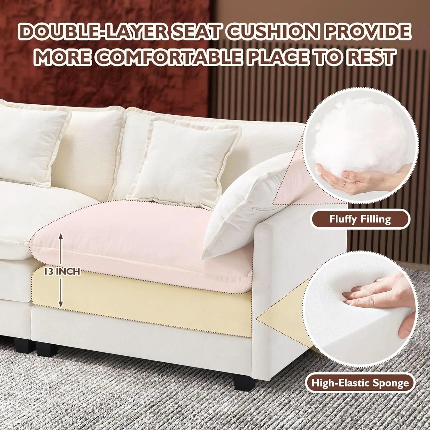 111.4 Inch 3 Seater Cloud Sofa Modular Sectional Couch Beige With Breathable Chenille Fabric from PriceLows™