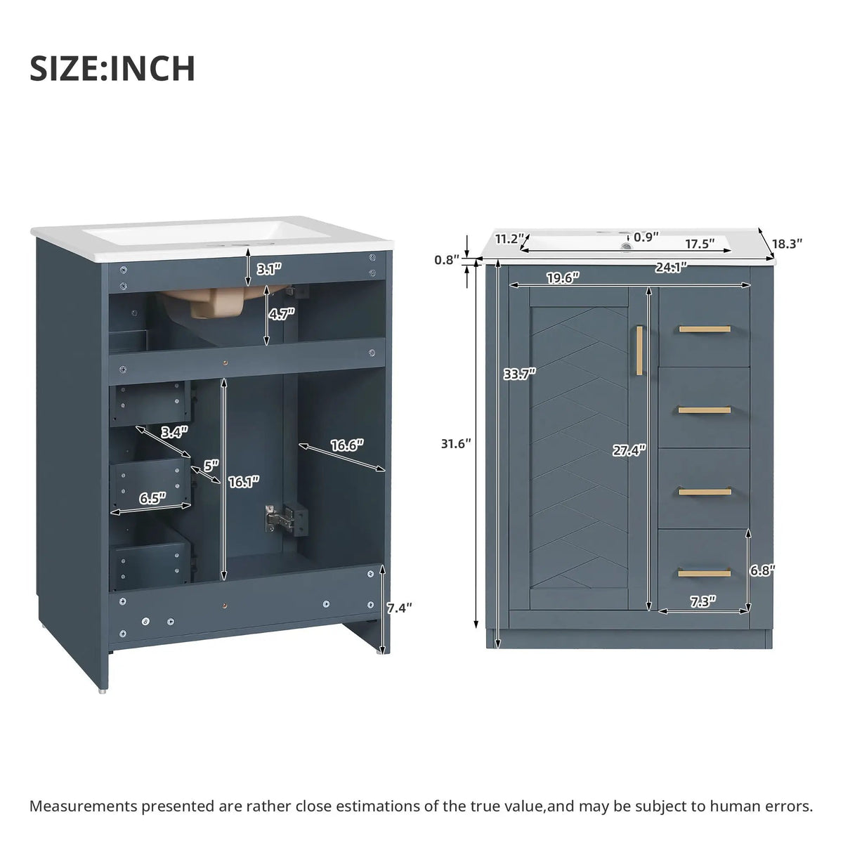 24 Inch Modern Bathroom Vanity | 1 Door 3 Drawers | Ceramic Sink | Compact Footprint