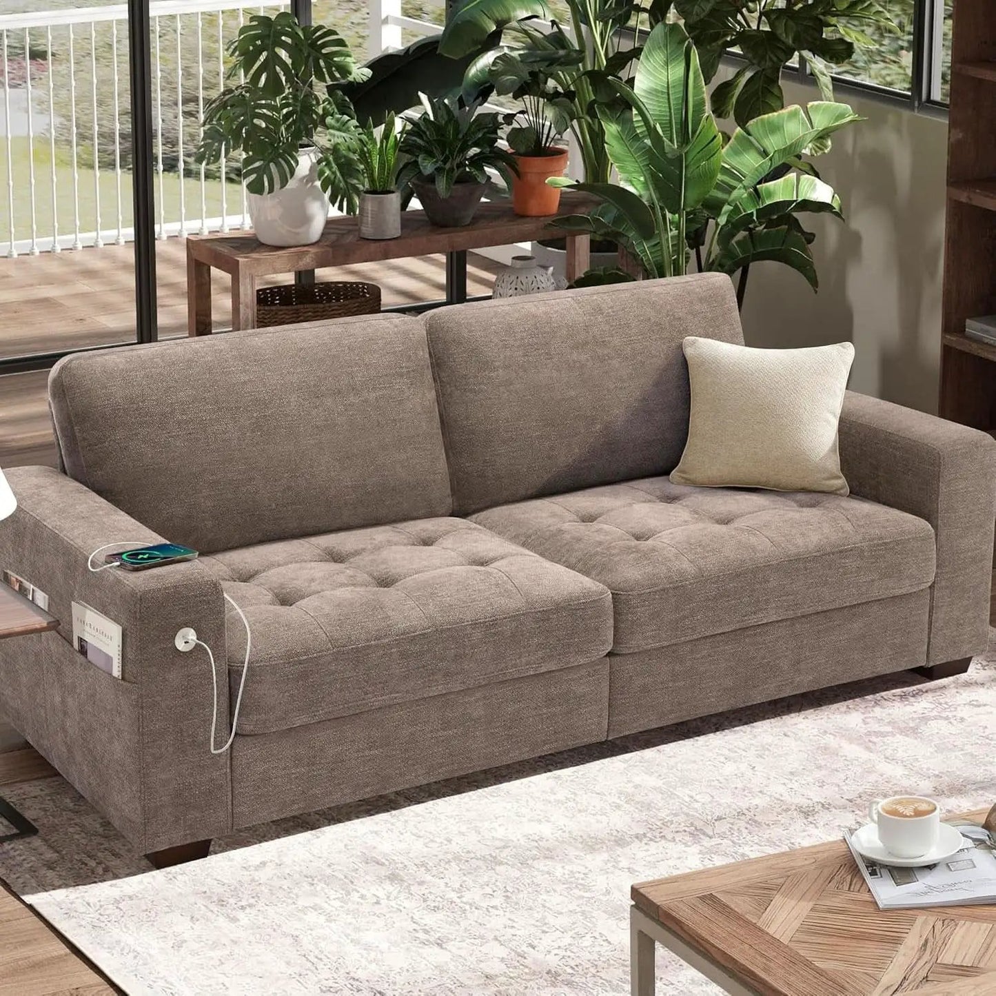 70 Inch Gray Chenille Loveseat With USB C Ports And Plush Cushions from PriceLows™