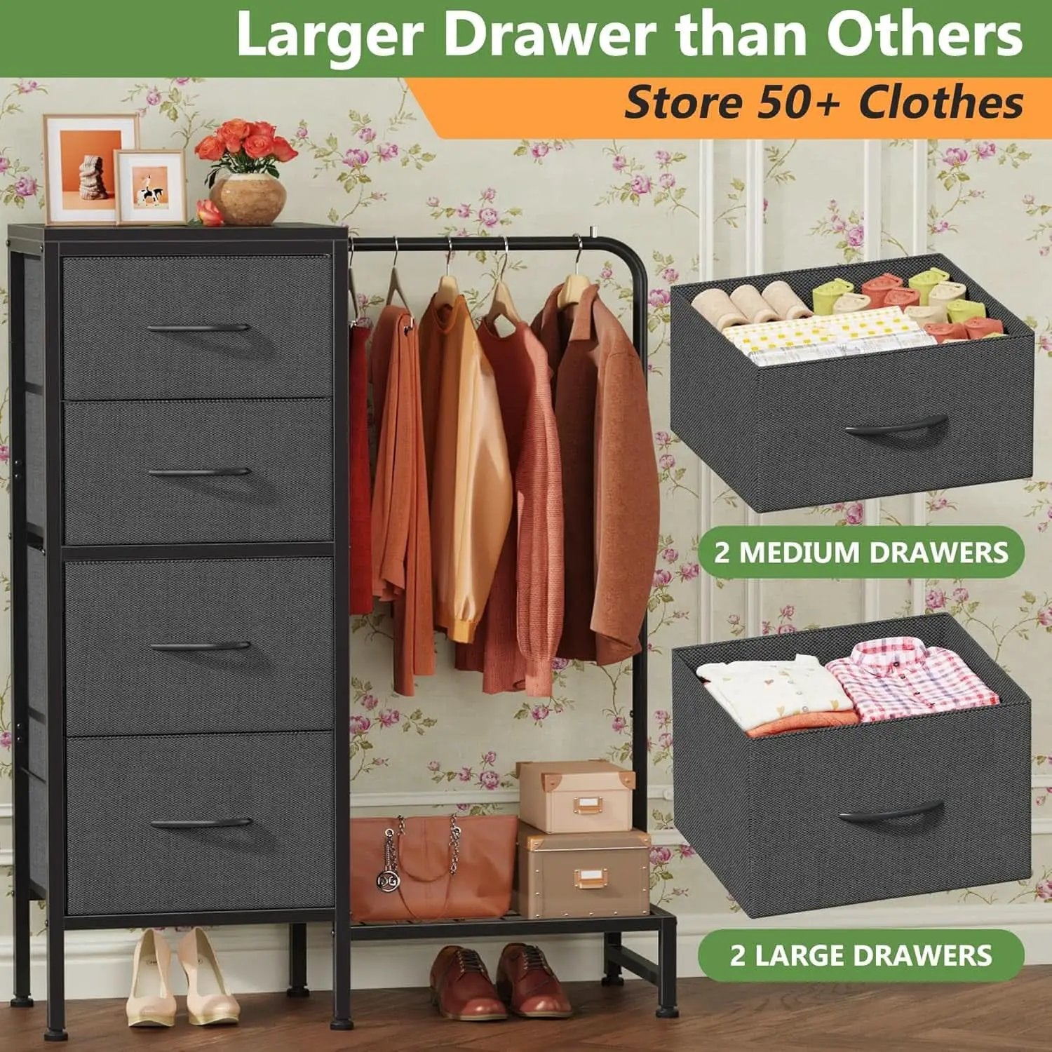 Dresser With Hanging Rack 44 Inch Tall Grey Four Drawer from PriceLows™