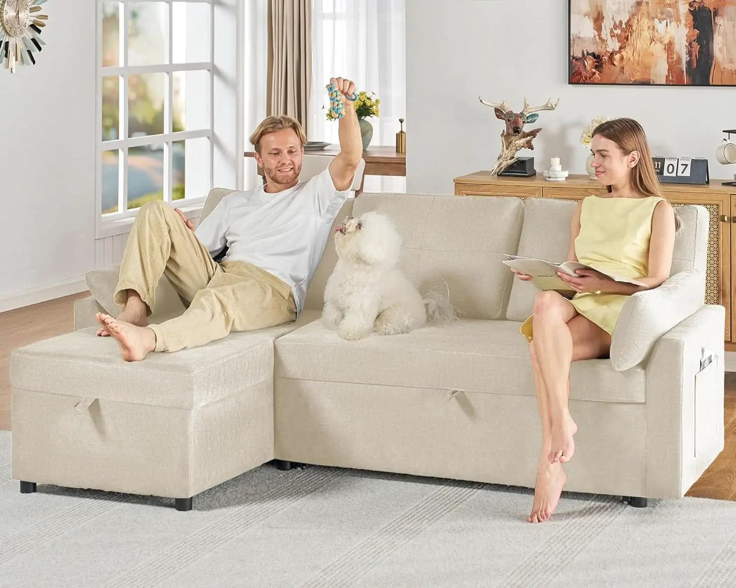 Linen Beige Multifunctional Sleeper Sofa With Storage from PriceLows™