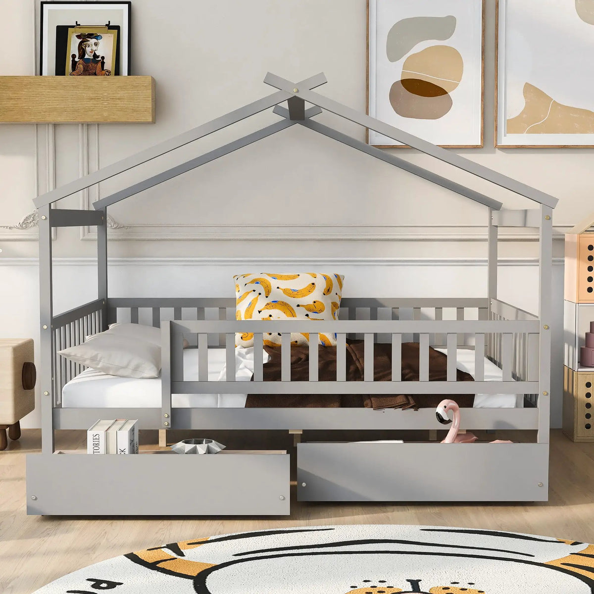 Kids House Bed With 2 Drawers | Sky Roof Design | Classic House Shape | 62.9 Inch Height