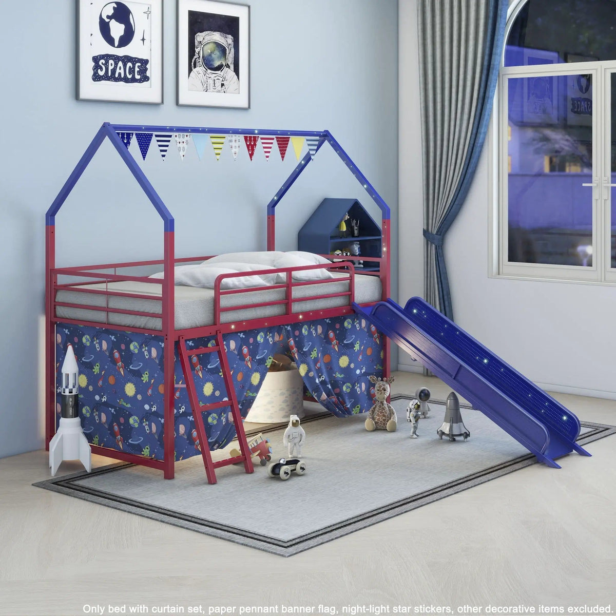 Jack House Loft Bed With Slide And Curtain Set | 5 Pieces | Metal | Bedroom