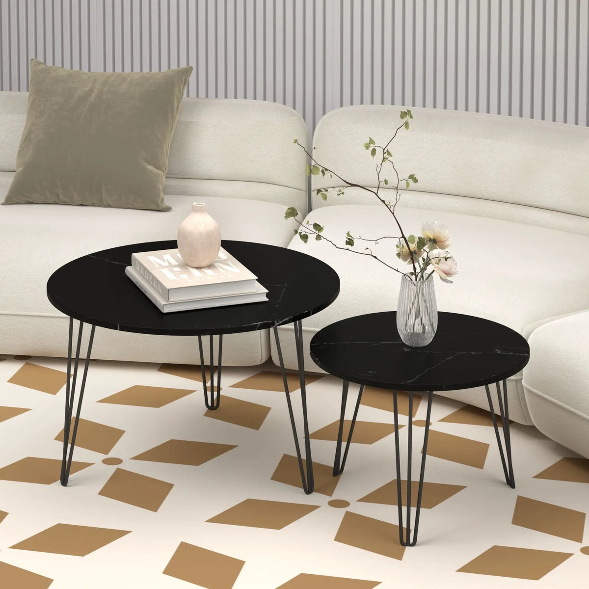 Round Nesting Coffee Table | Faux Marble Top | Steel Base | Set Of 2