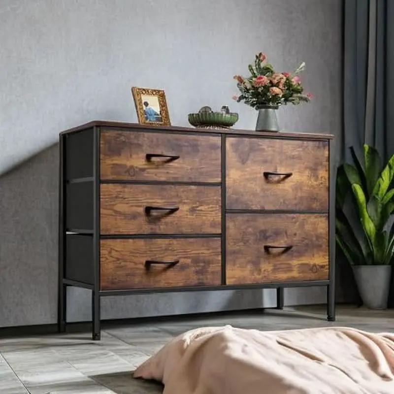 Rustic Brown Wood Grain 5 Drawer Dresser For Bedroom from PriceLows™
