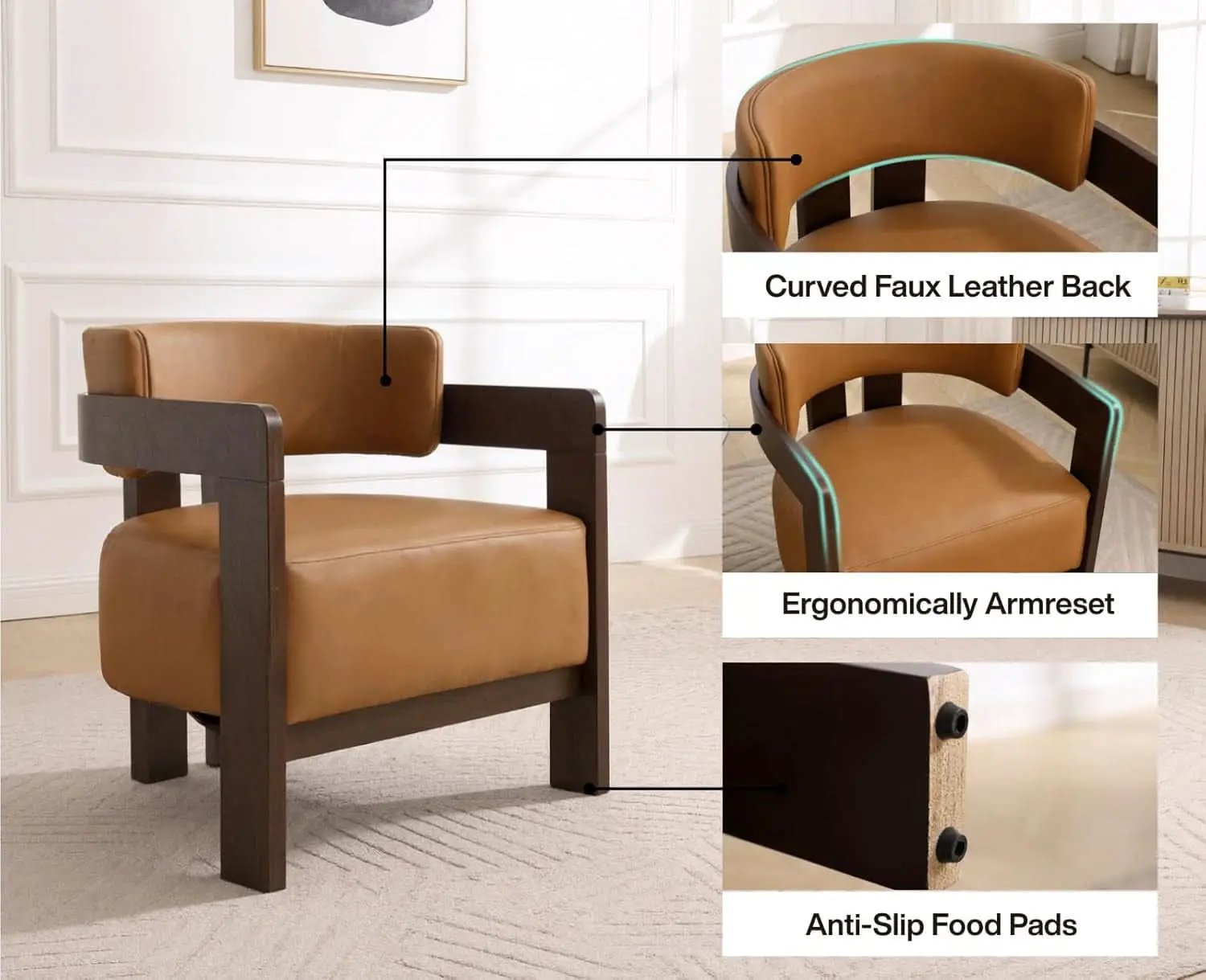 Brown Leather Barrel Chair Midcentury Upholstered WoodenLegs from PriceLows™