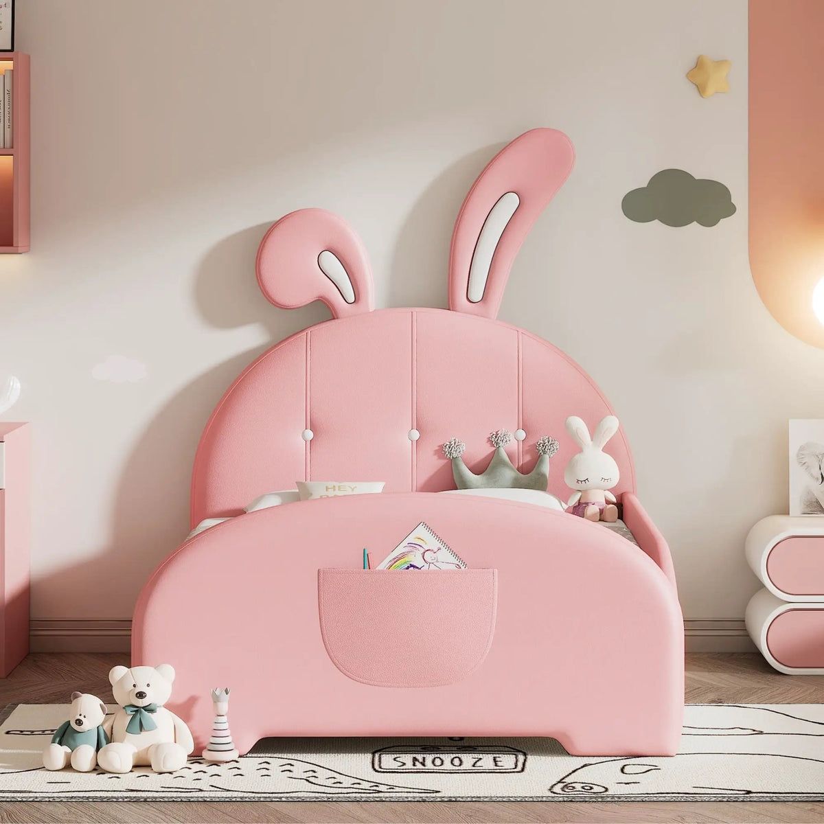 Upholstered Rabbit-Shape Princess Bed | Headboard And Footboard | Humidity Resistant Frame | 51.2 Inch Height