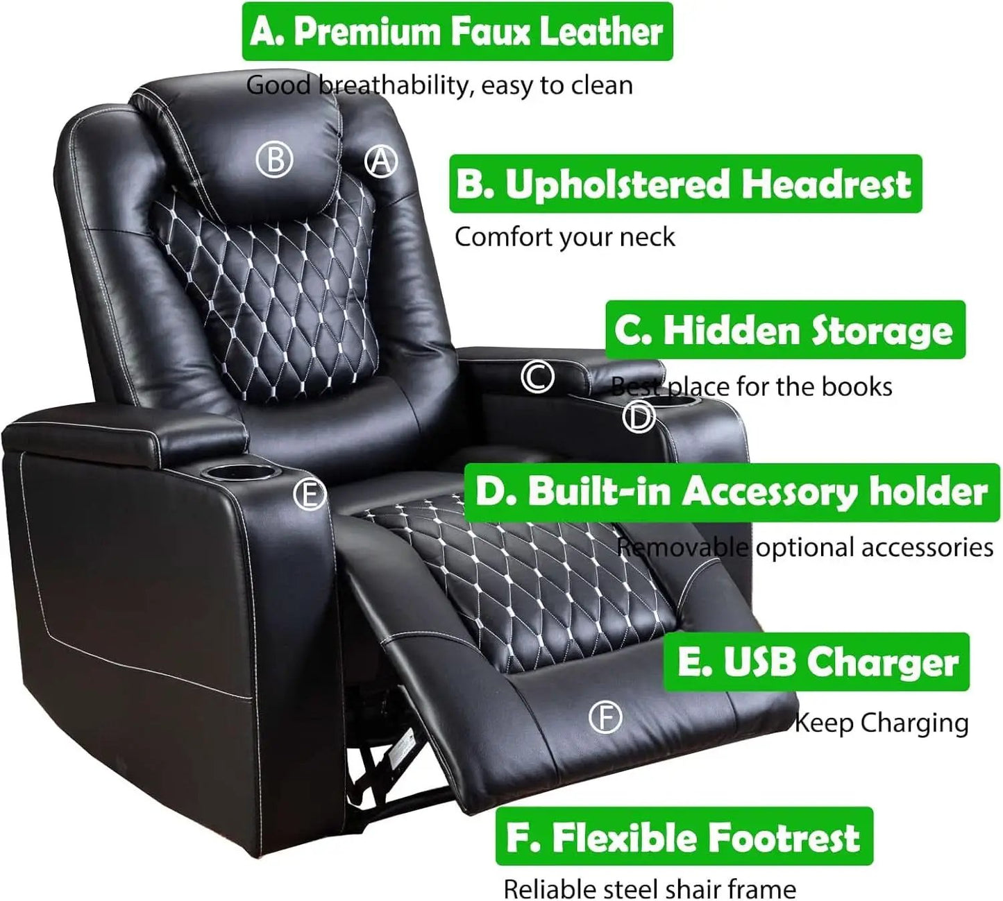 Power Recliner Chair Set Of 3 Black Leather With USB Ports from PriceLows™