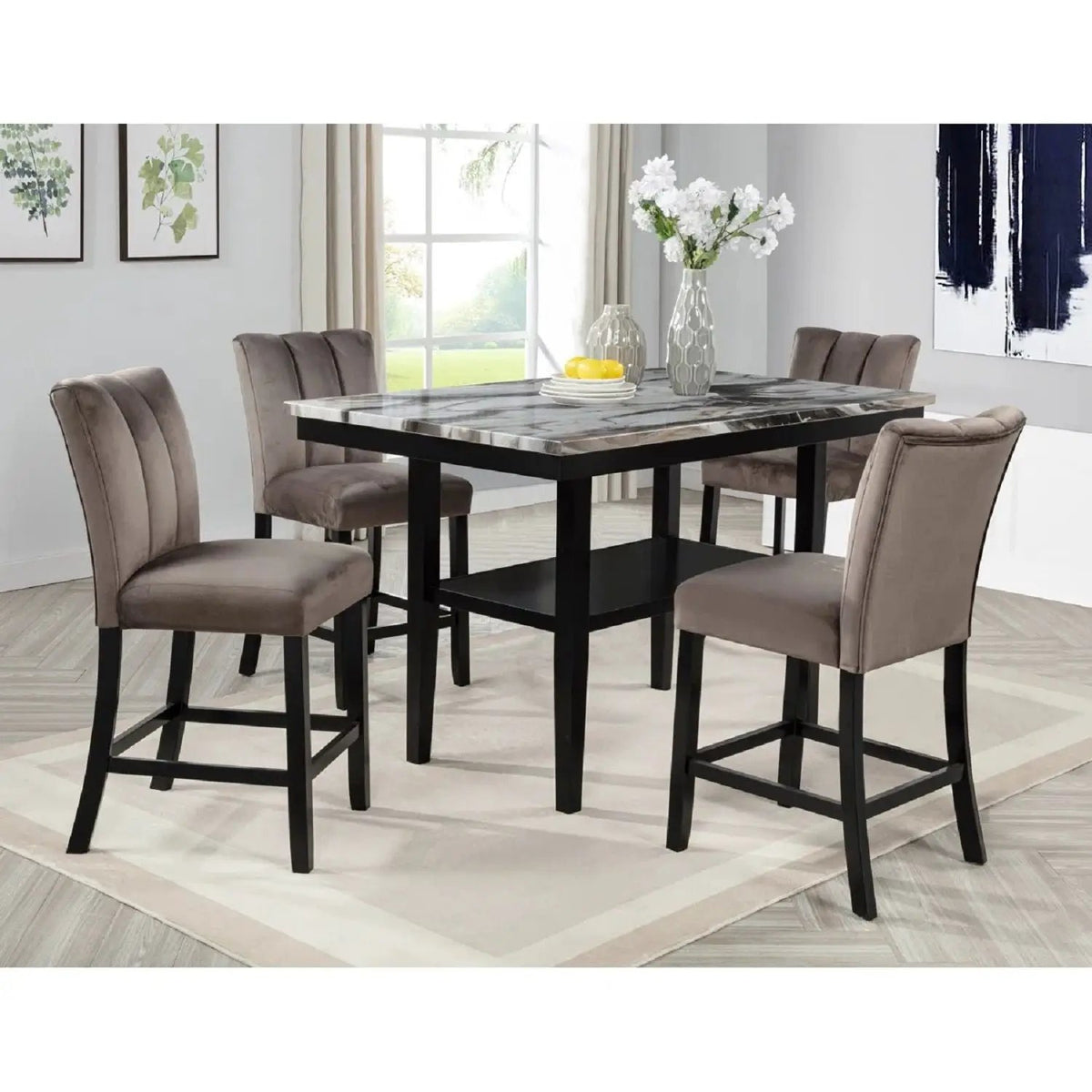 Counter Dining Table | 30.5 Inch Height | Faux Marble Top | Black