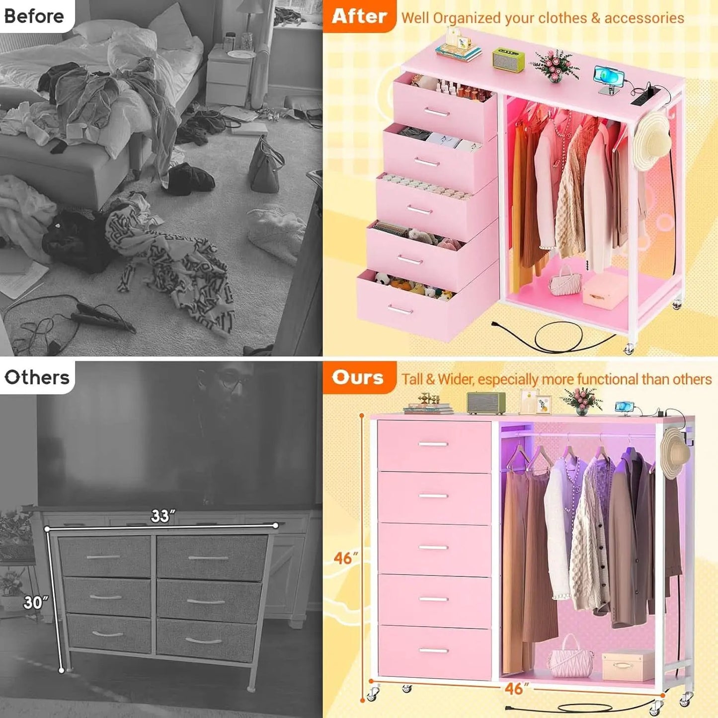 Pink Dresser With Clothes Rack 5 Drawers Charging Station from PriceLows™