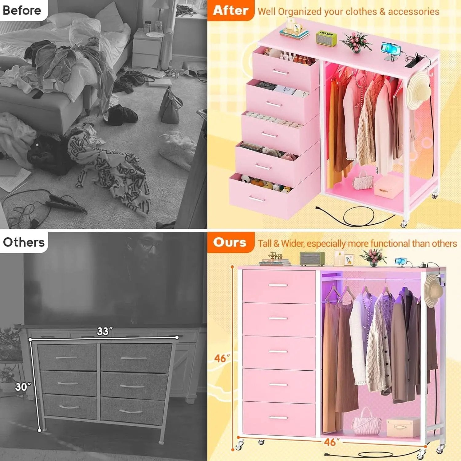 Pink Dresser With Clothes Rack 5 Drawers Charging Station from PriceLows™