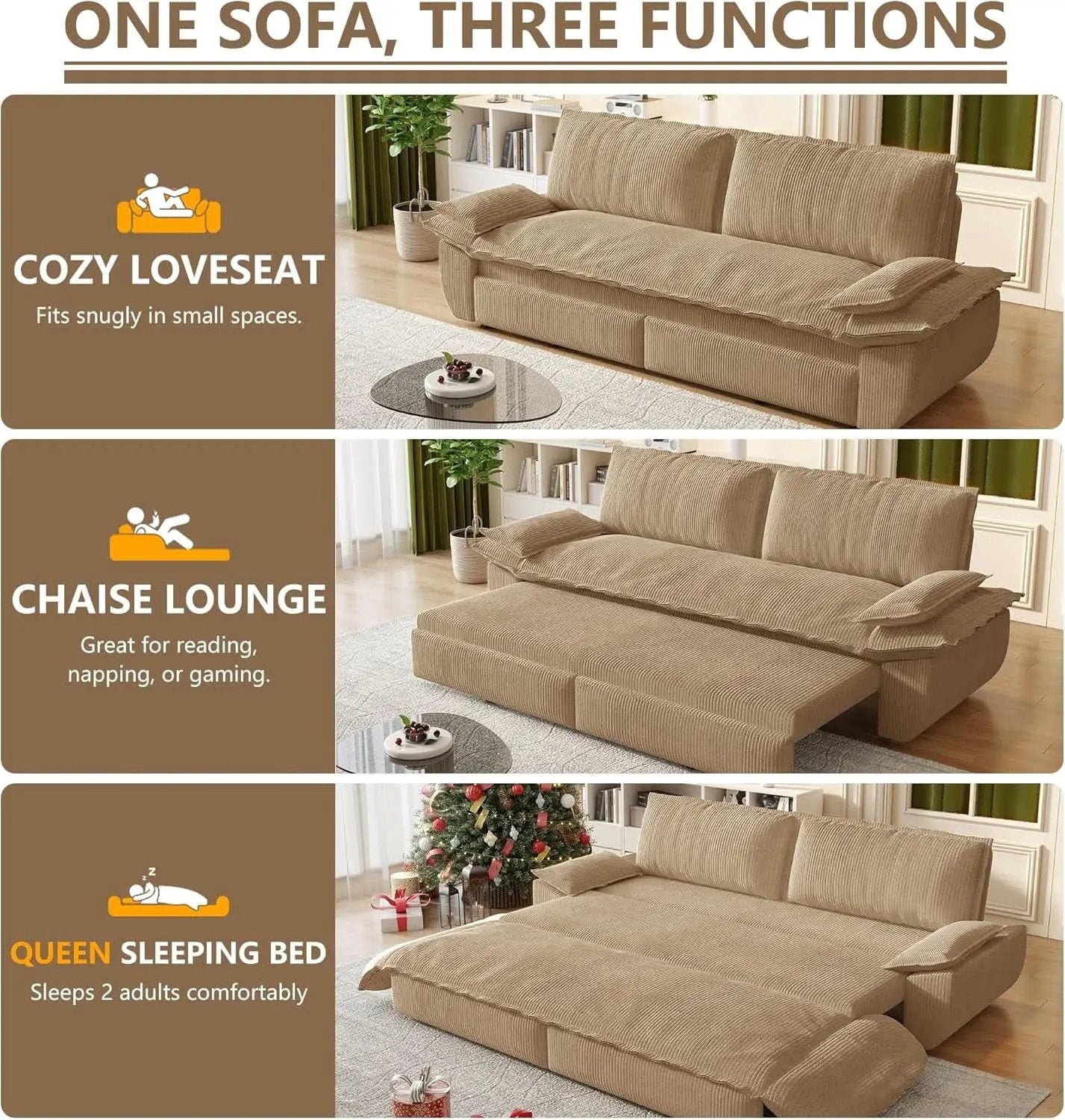 Queen Size Premium Convertible Sofabed Camel Corduroy from PriceLows™