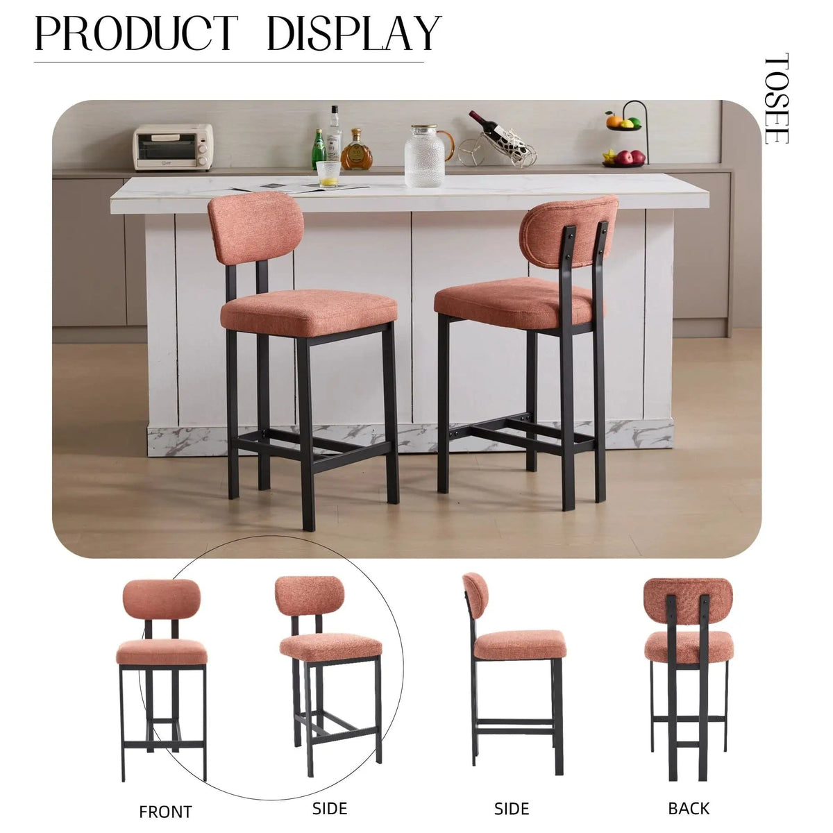Modern Counter Height Stools (Set of 2) | 2 Pieces | Fabric & Metal | Home
