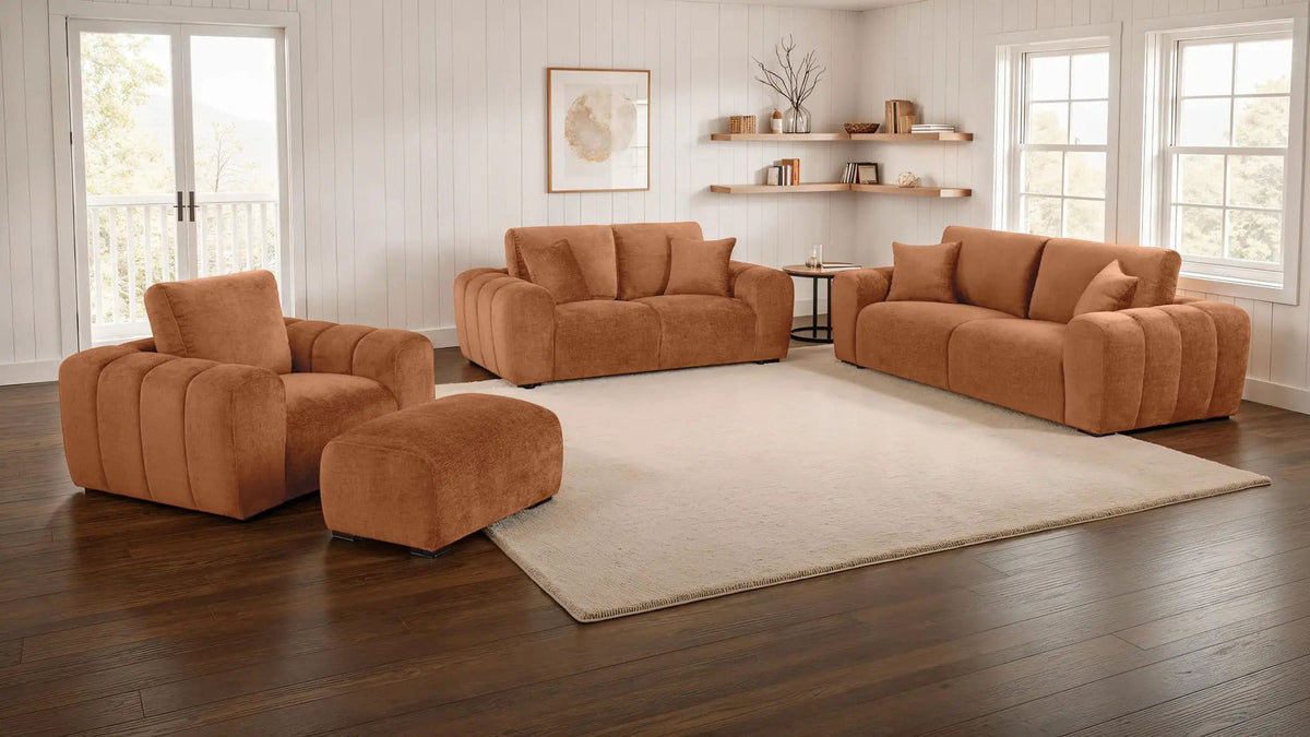 Burnett Chenille Upholstered Ottoman | 32.5 x 22.5 x 17.75 in | Rubberwood & Engineered Wood | Burnt Orange