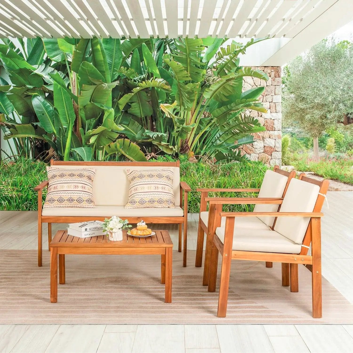 4 Piece Patio Bistro Set With Water Resistant Cushions In Acacia Wood from PriceLows™