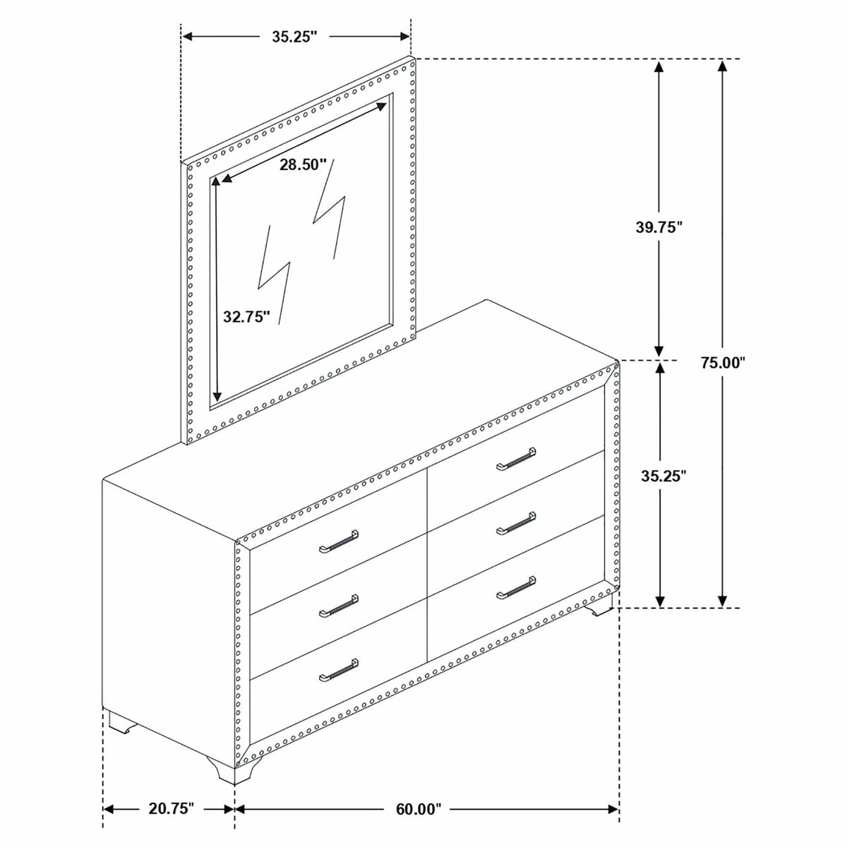 Melody 6-drawer Upholstered Dresser with Mirror Pacific | 60 x 20.75 x 75 in | Velvet & Metal | Blue