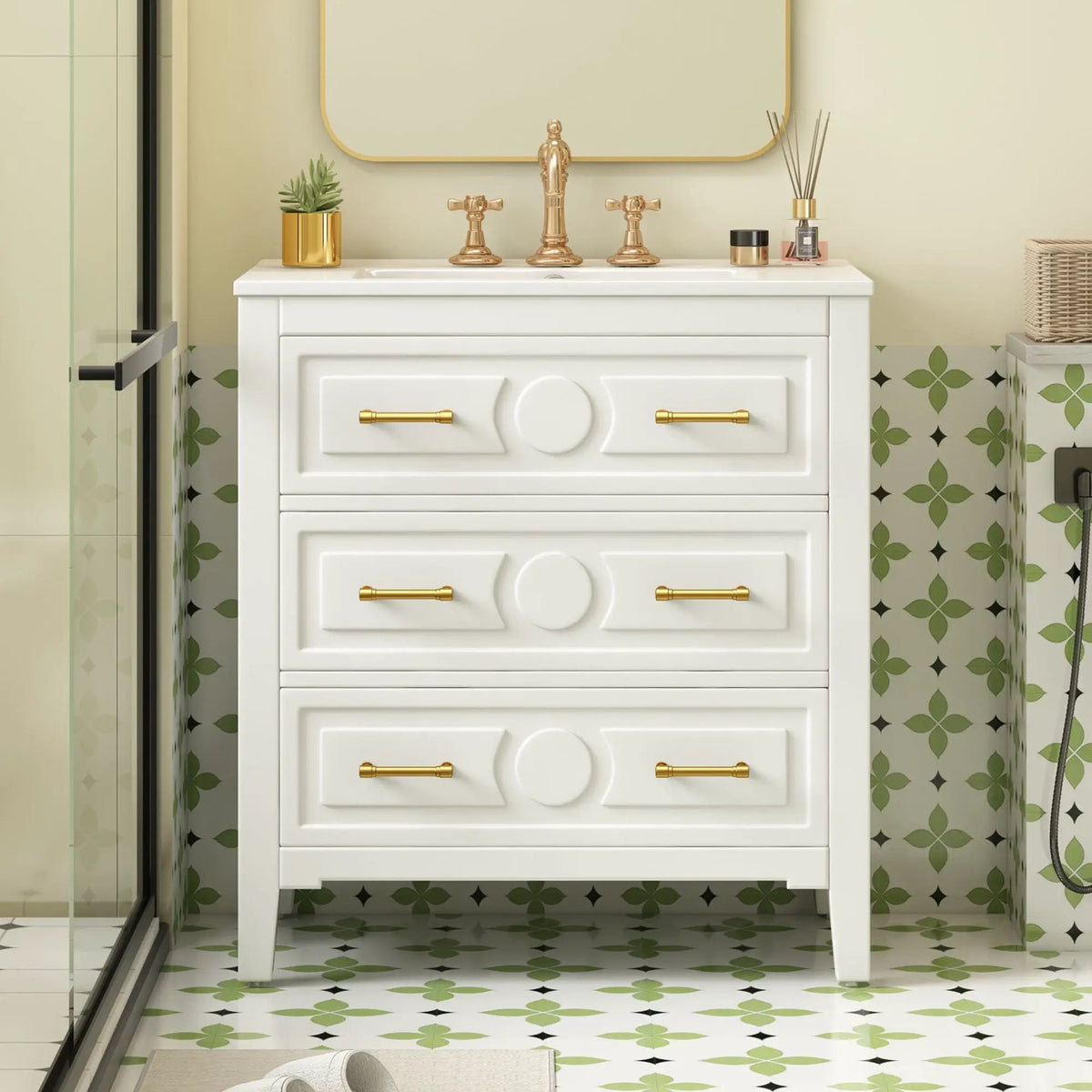 30 Inch Retro Bathroom Vanity | Free Standing Single Set | 3 Drawers | Solid Wood Frame