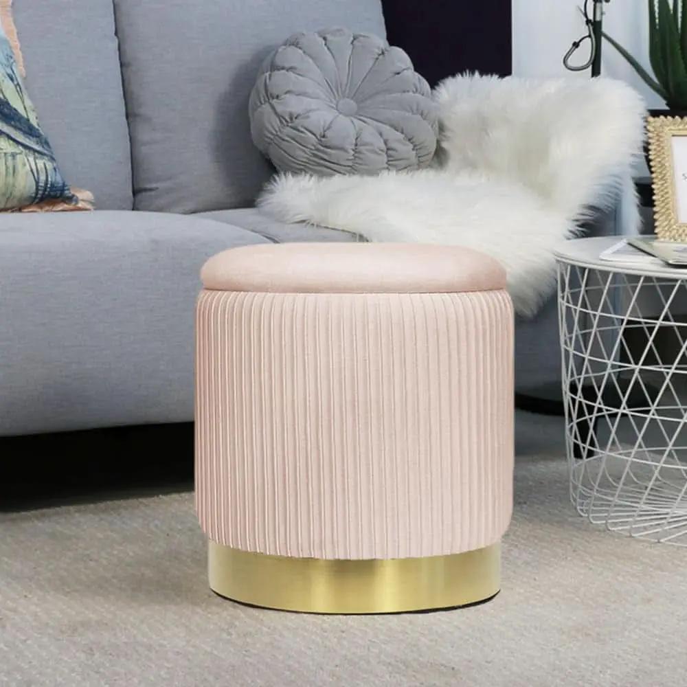 Bubblegum Pink Velvet Circular Ottoman With Storage from PriceLows™