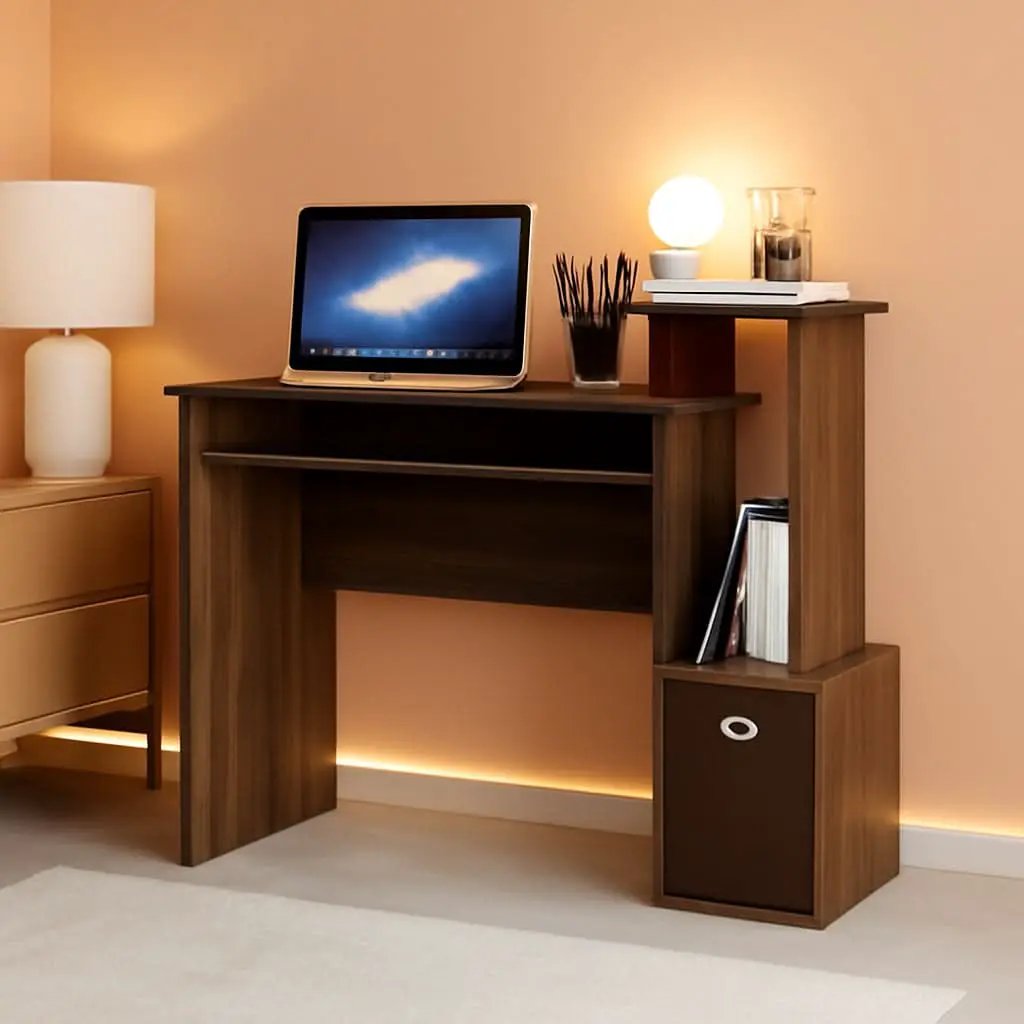 Walnut Compact Desk With Keyboard Tray And Shelves from PriceLows™