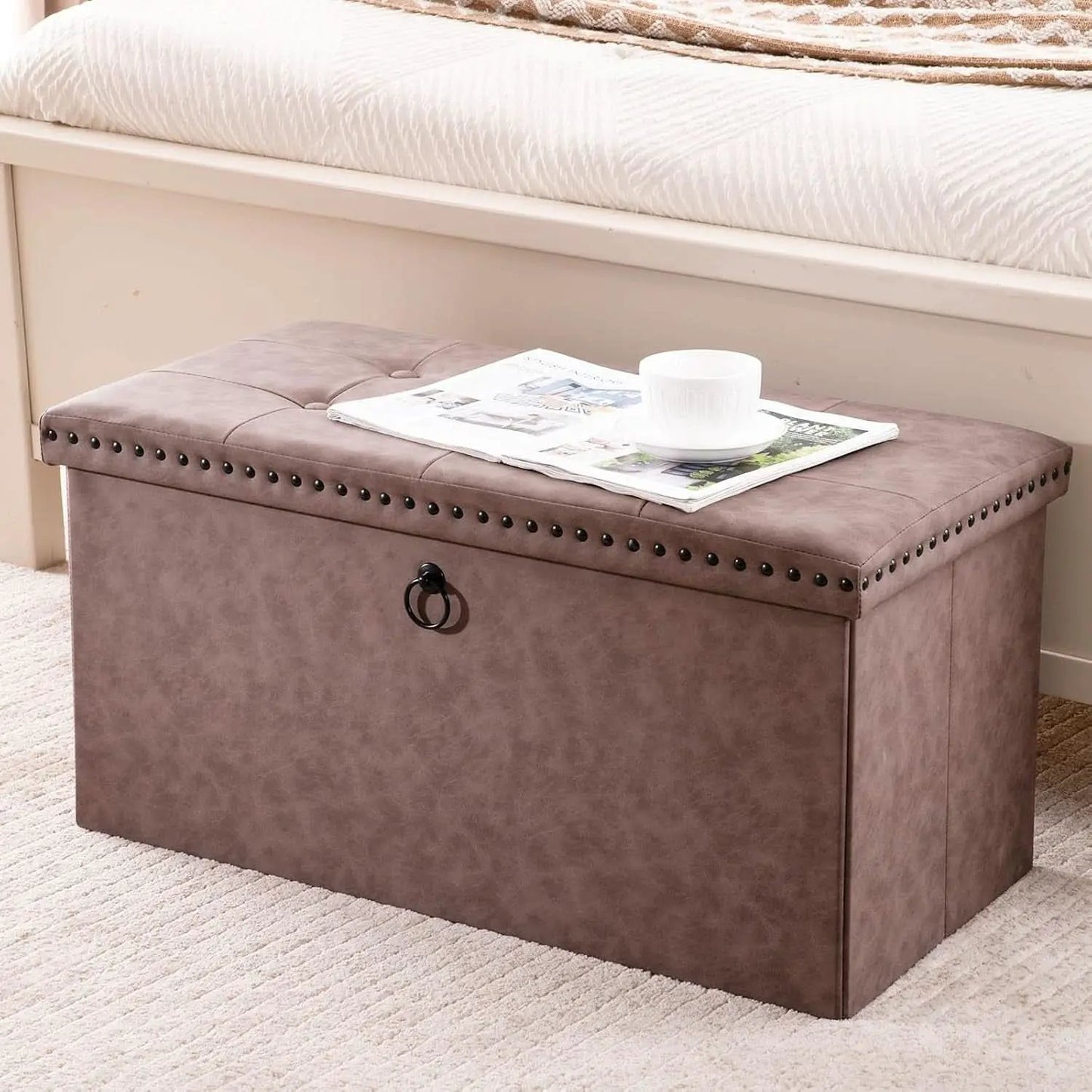 Oak Brown 30-Inch Foldable Storage Ottoman Bench from PriceLows™