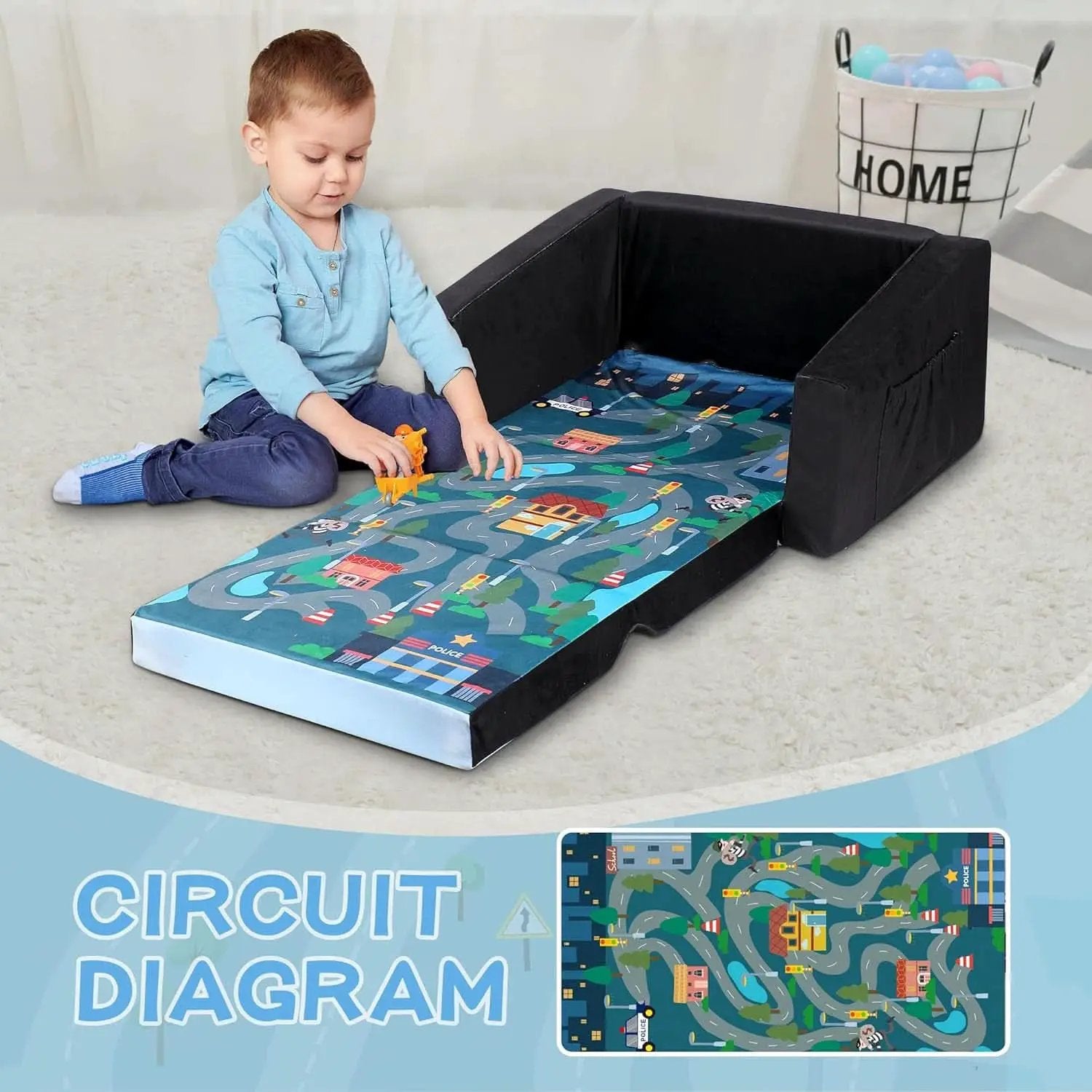 Kids Sofa Bed Black With Storage Pockets For Playroom from PriceLows™